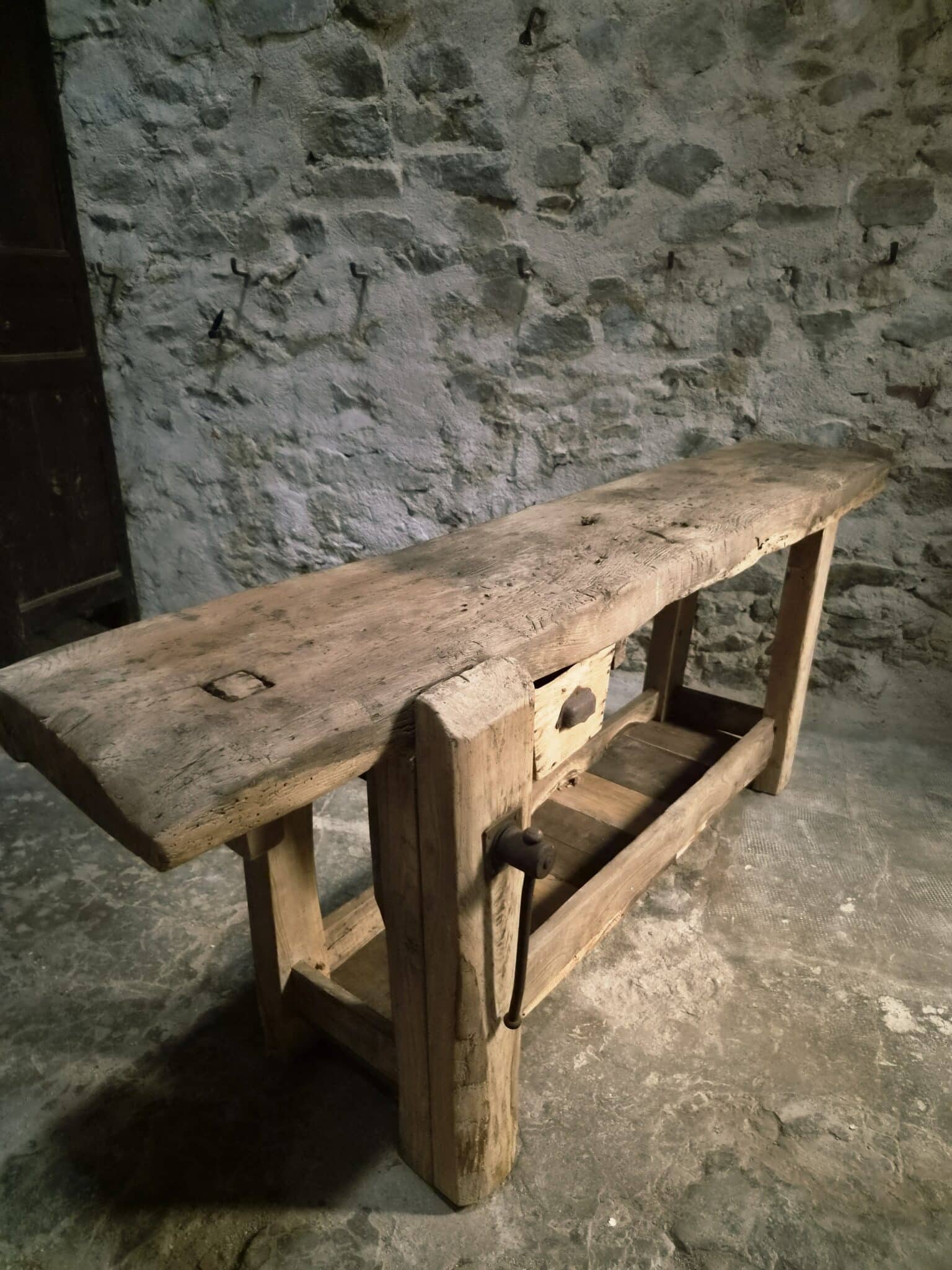 Antique French Oak Workbench 19th Century Rustic Console Table (15)