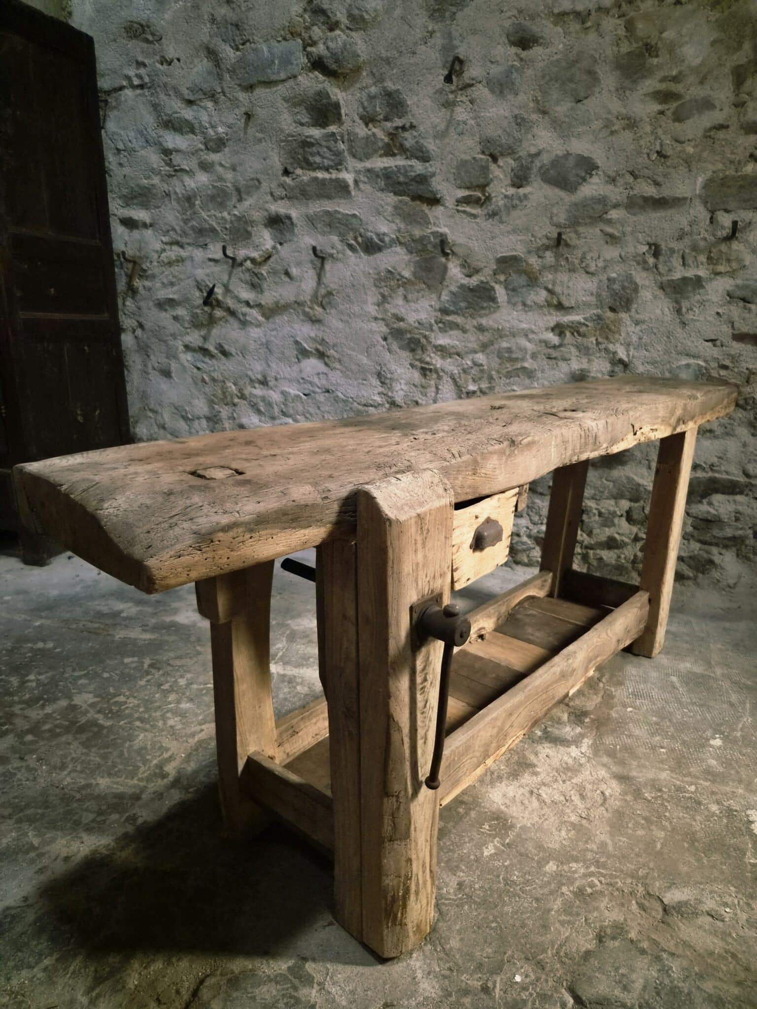 Antique French Oak Workbench 19th Century Rustic Console Table (16)