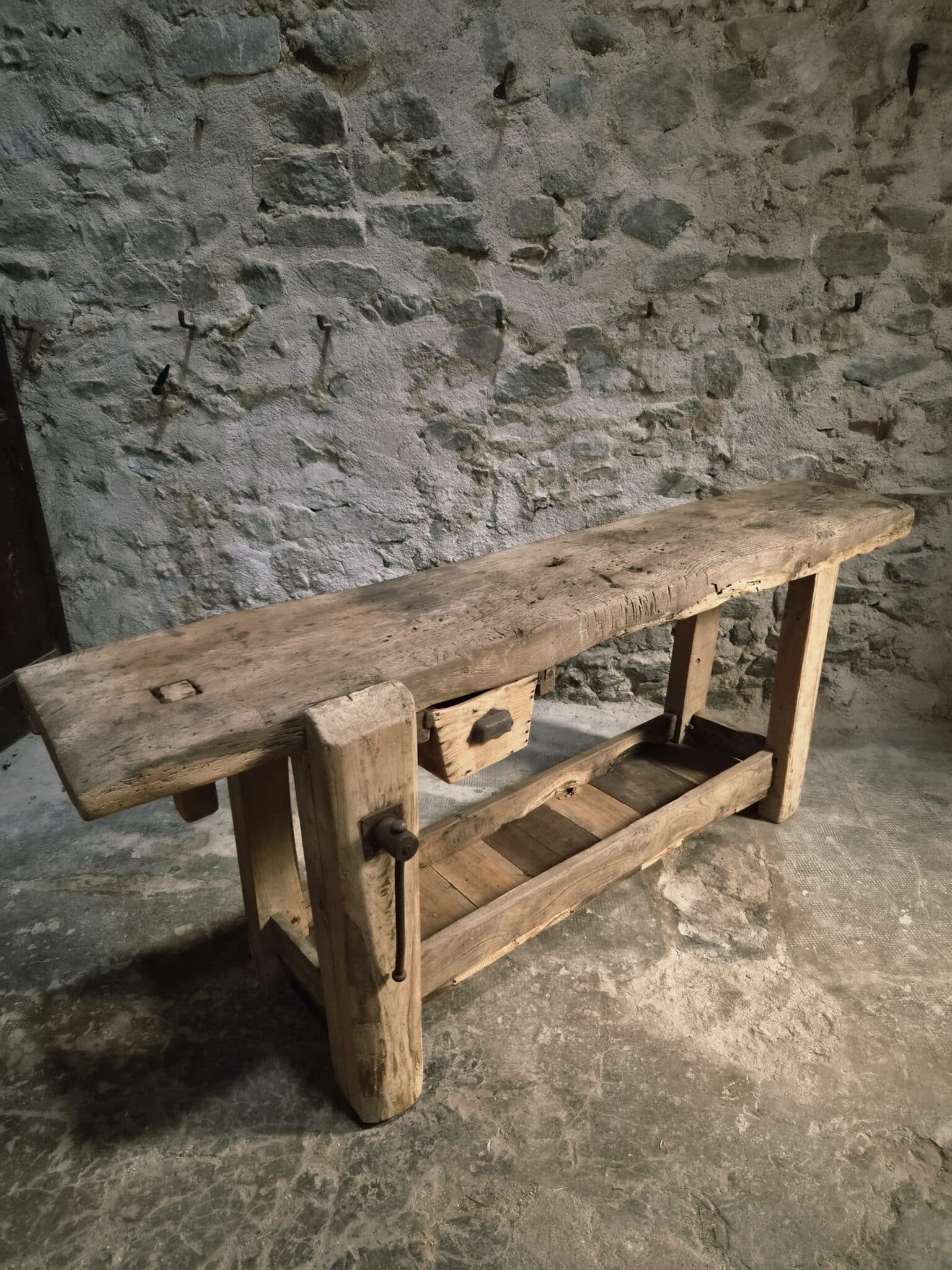 Antique French Oak Workbench 19th Century Rustic Console Table (17)