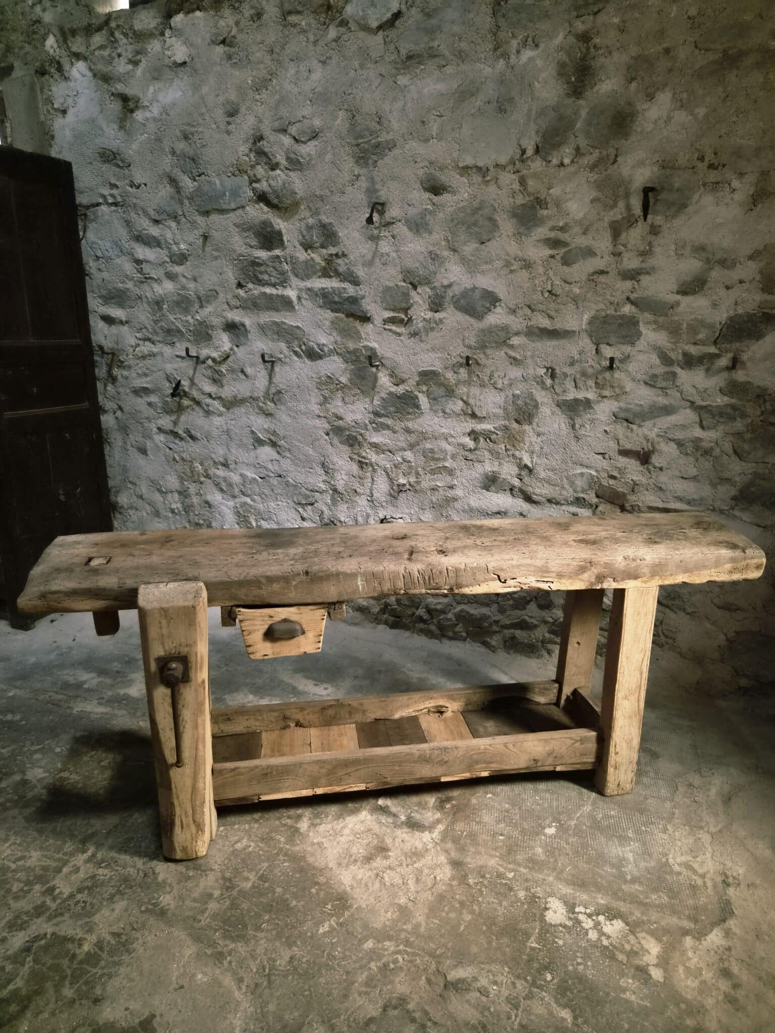 Antique French Oak Workbench 19th Century Rustic Console Table (2)