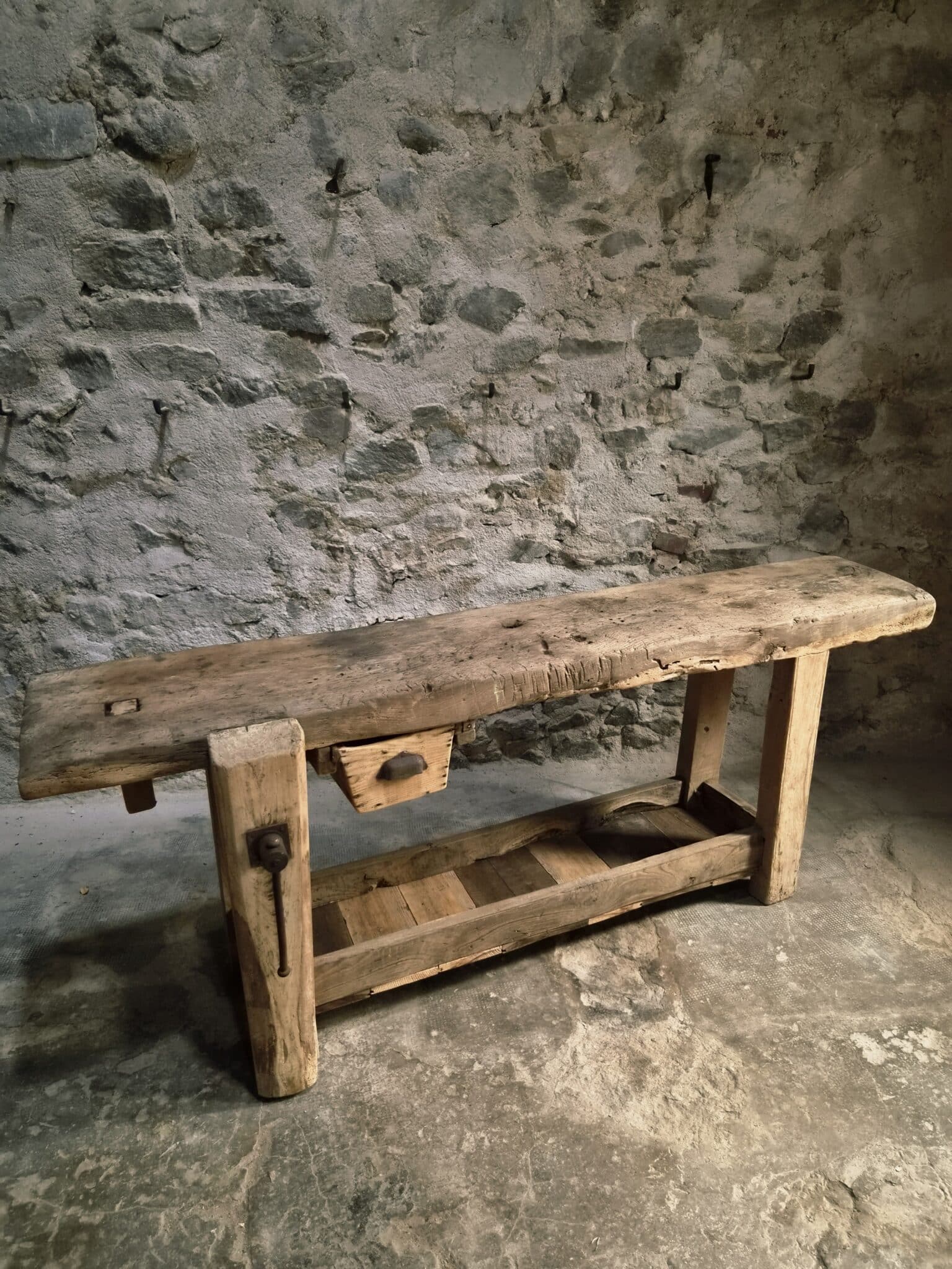 Antique French Oak Workbench 19th Century Rustic Console Table (3)
