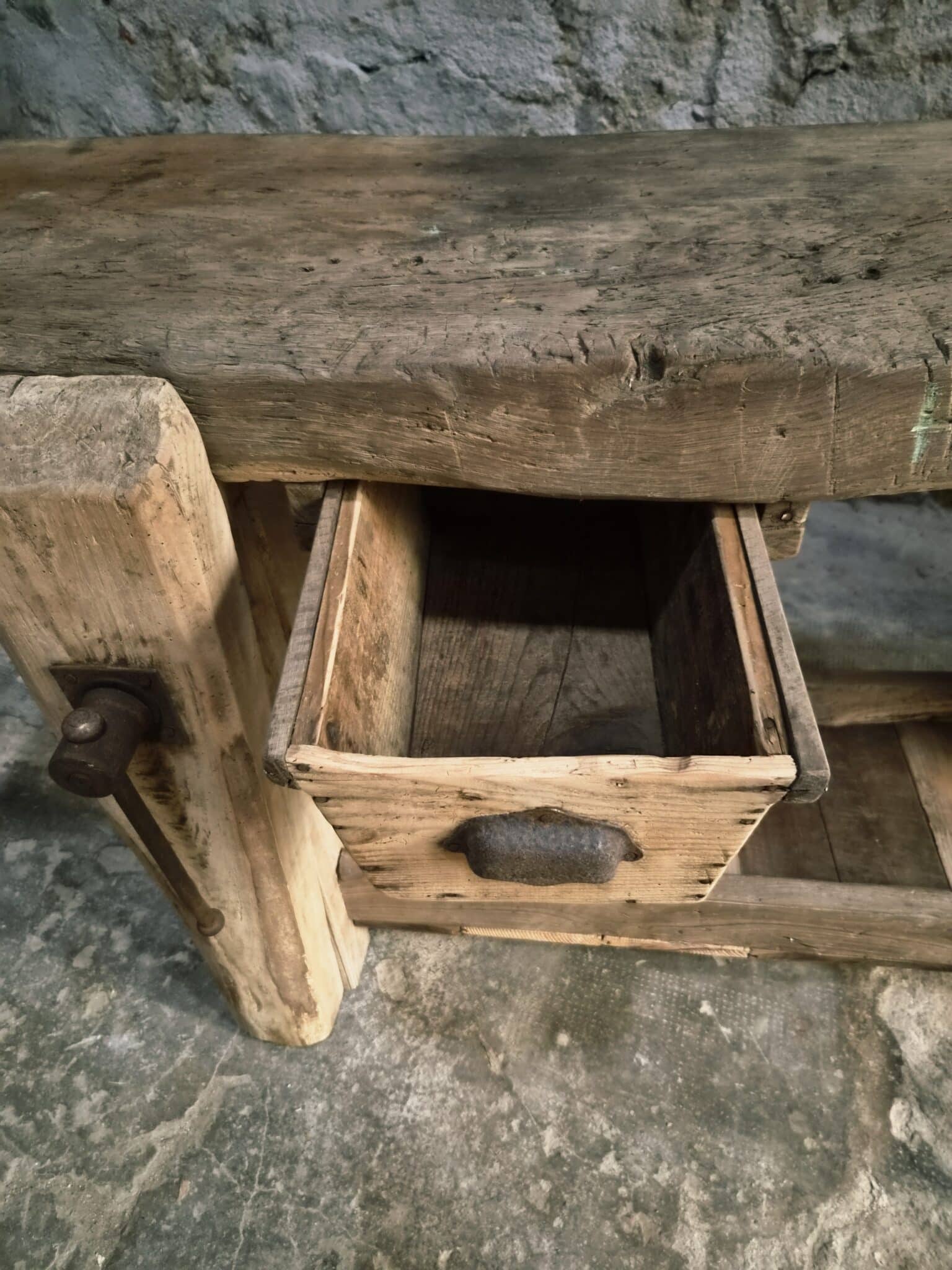 Antique French Oak Workbench 19th Century Rustic Console Table (4)