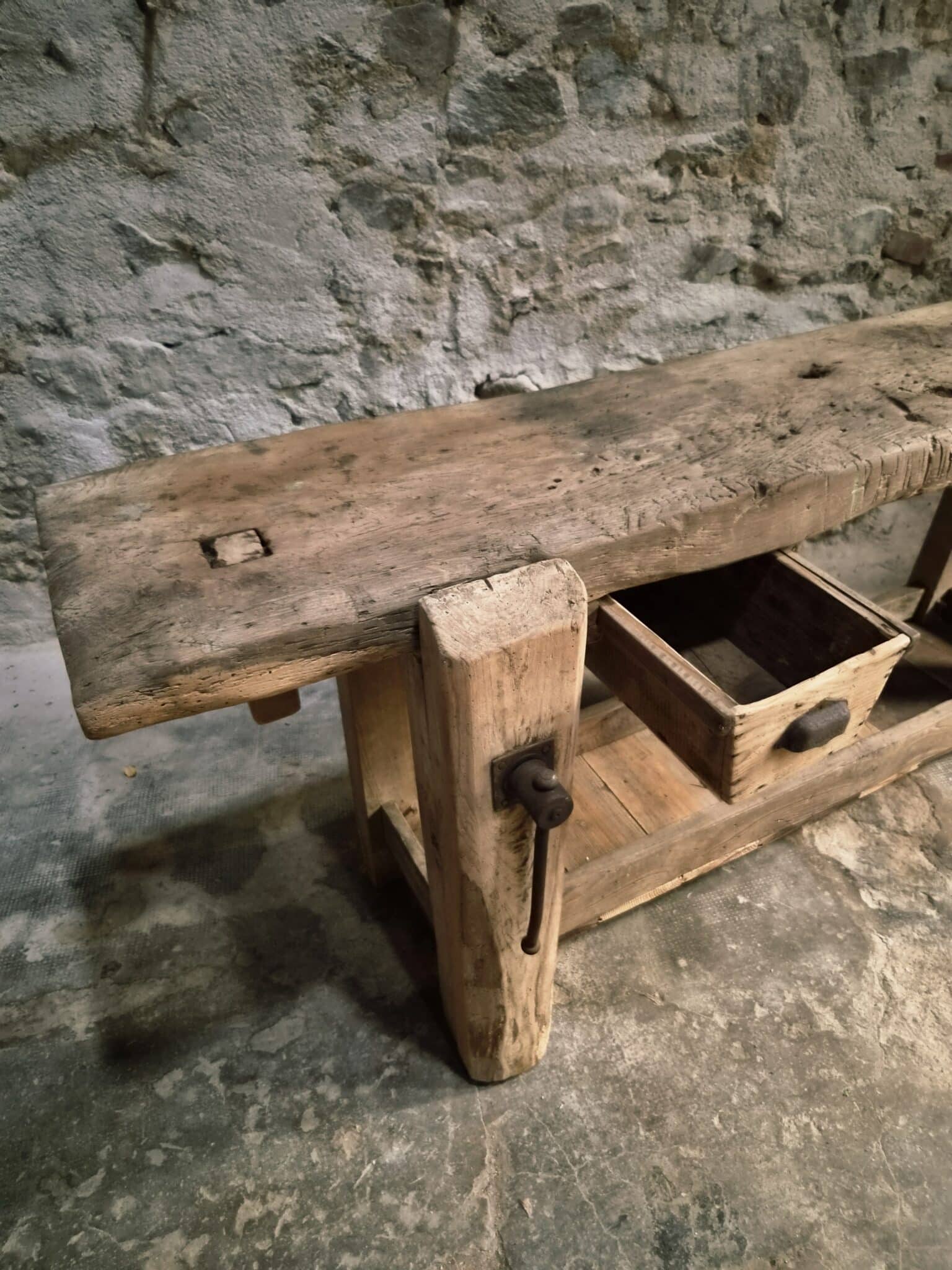 Antique French Oak Workbench 19th Century Rustic Console Table (5)