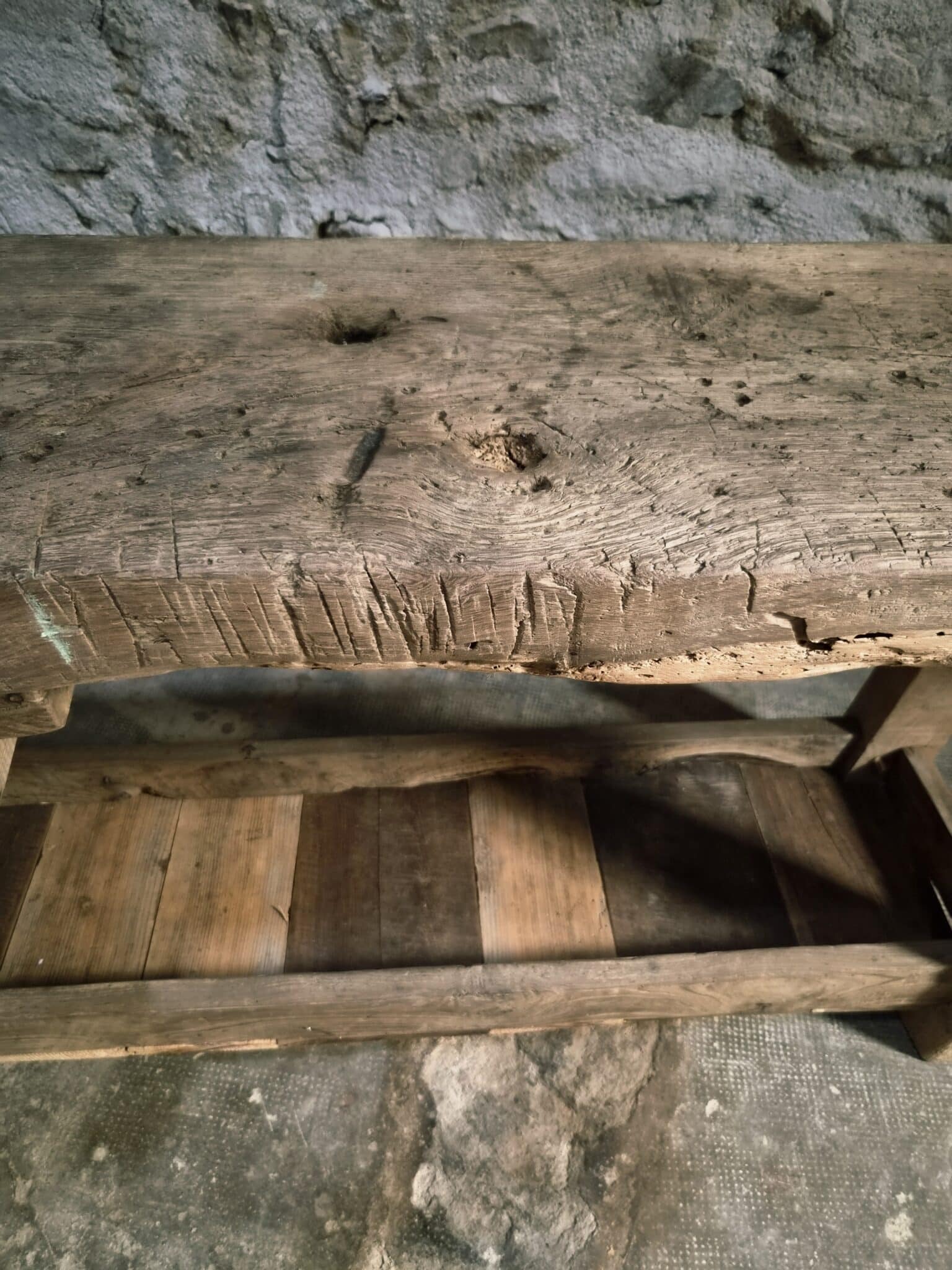 Antique French Oak Workbench 19th Century Rustic Console Table (7)