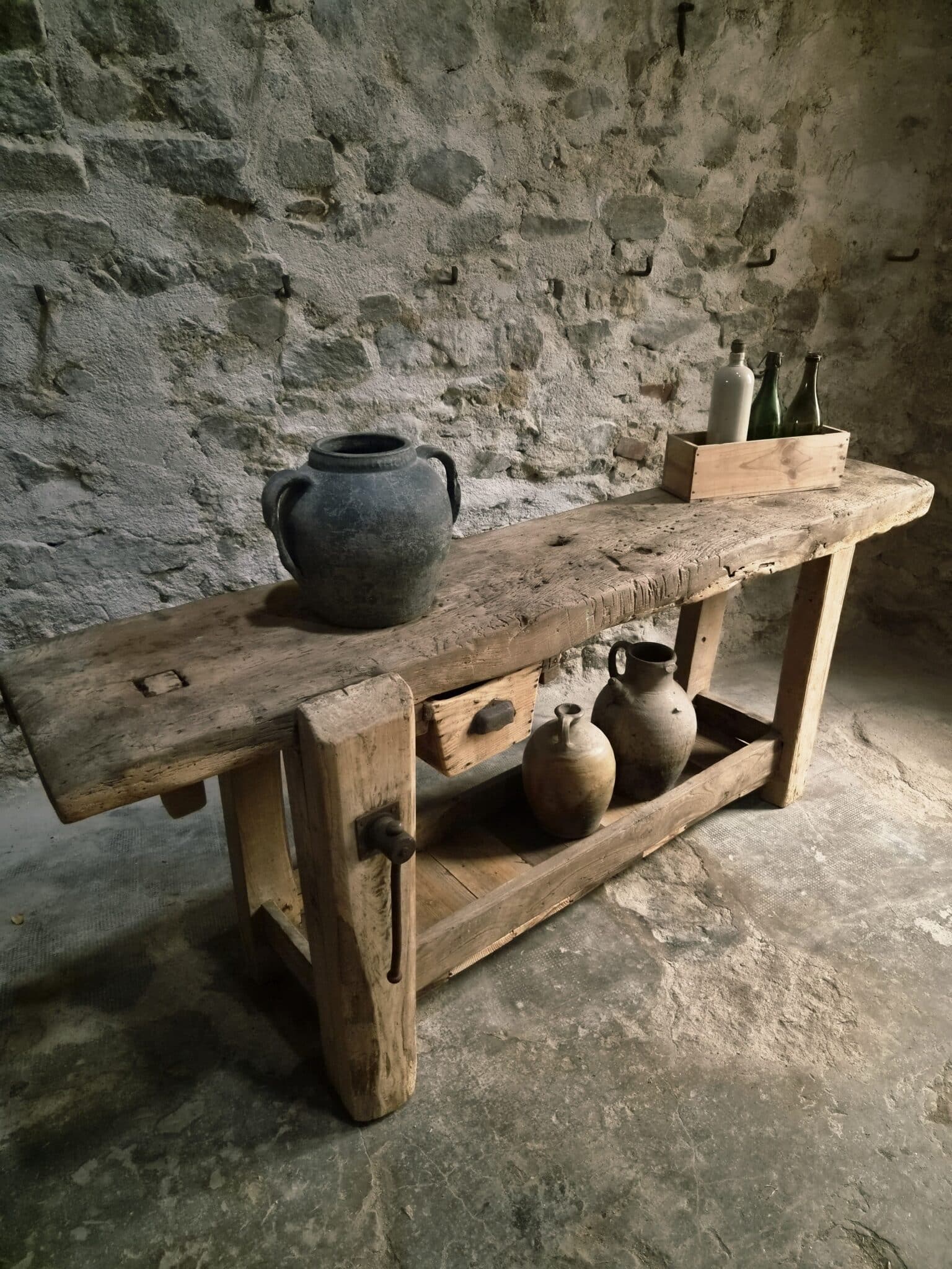 Antique French Oak Workbench 19th Century Rustic Console Table (8)