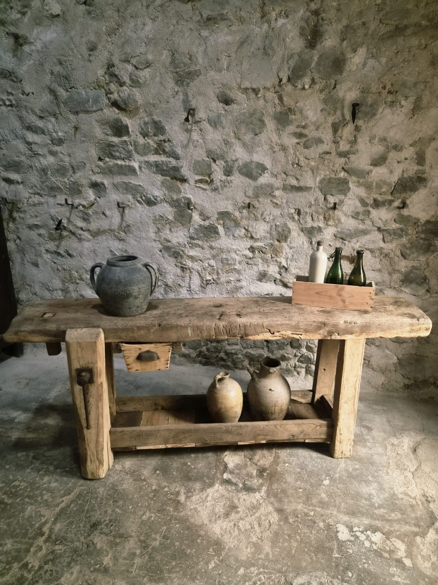 Antique French Oak Workbench 19th Century Rustic Console Table (9)