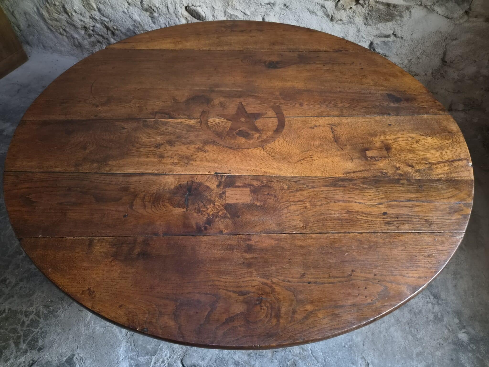 Antique French Round Oak Drop Leaf Dining Table Star Inlay c. 1850–1880 (10)