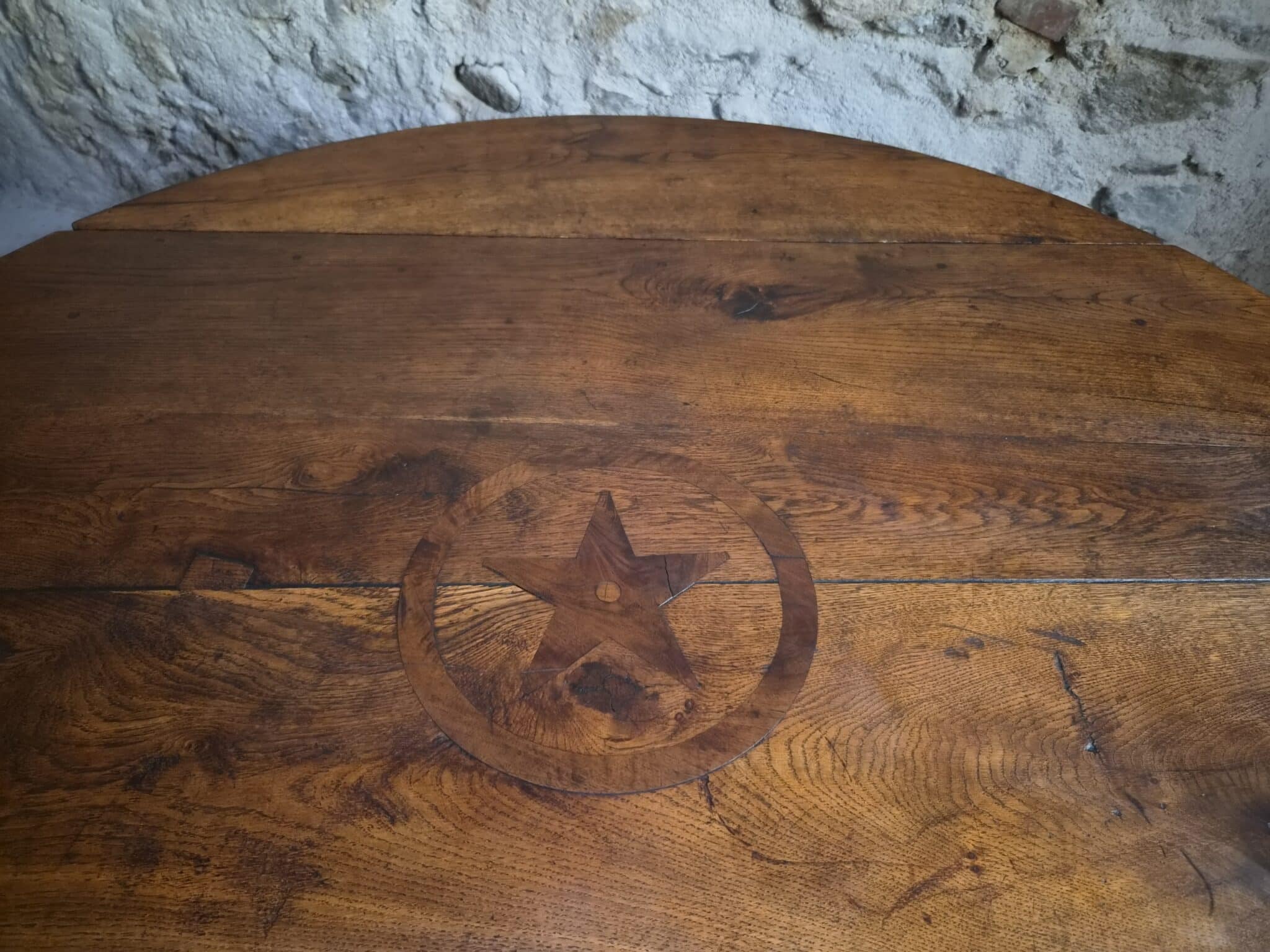 Antique French Round Oak Drop Leaf Dining Table Star Inlay c. 1850–1880 (13)