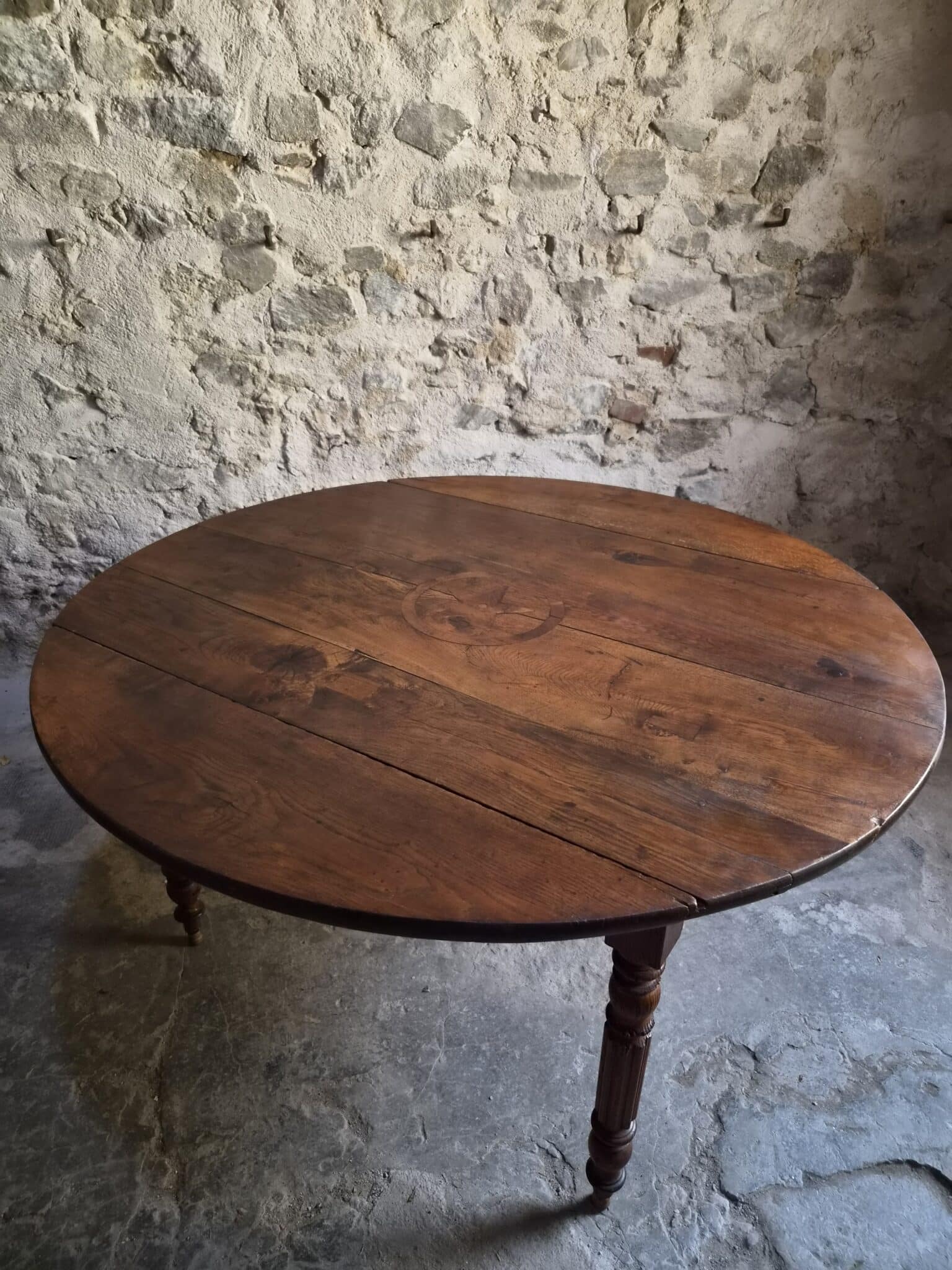 Antique French Round Oak Drop Leaf Dining Table Star Inlay c. 1850–1880 (15)
