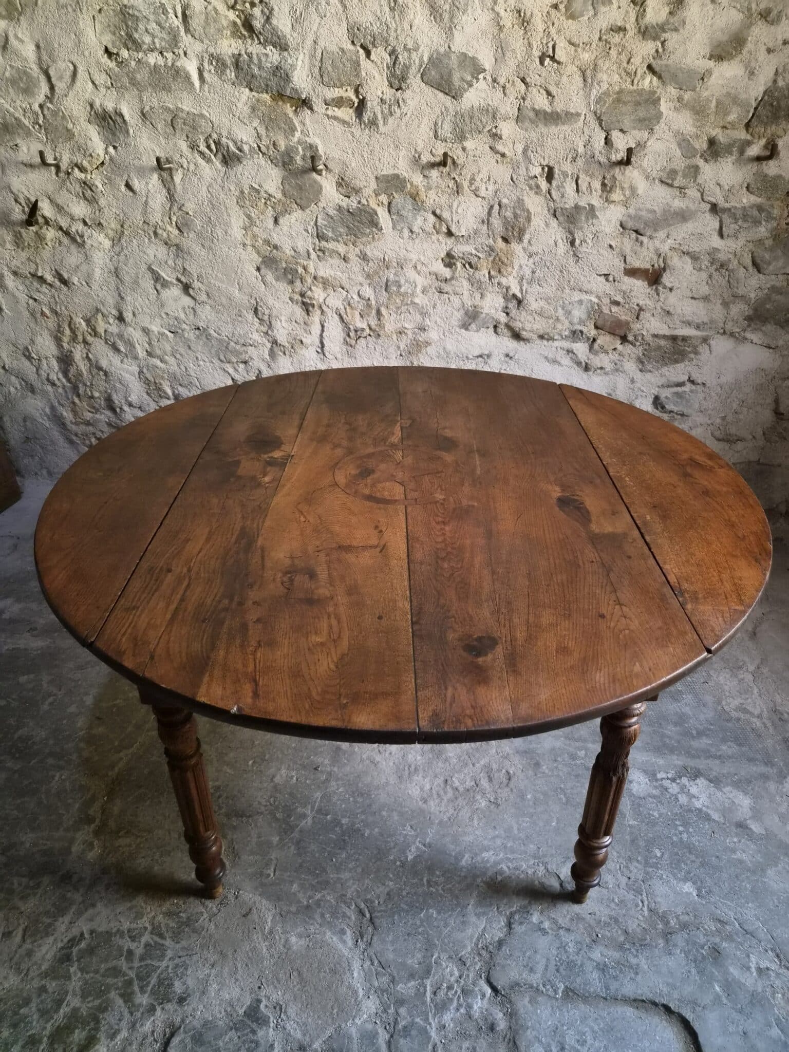 Antique French Round Oak Drop Leaf Dining Table Star Inlay c. 1850–1880 (19)