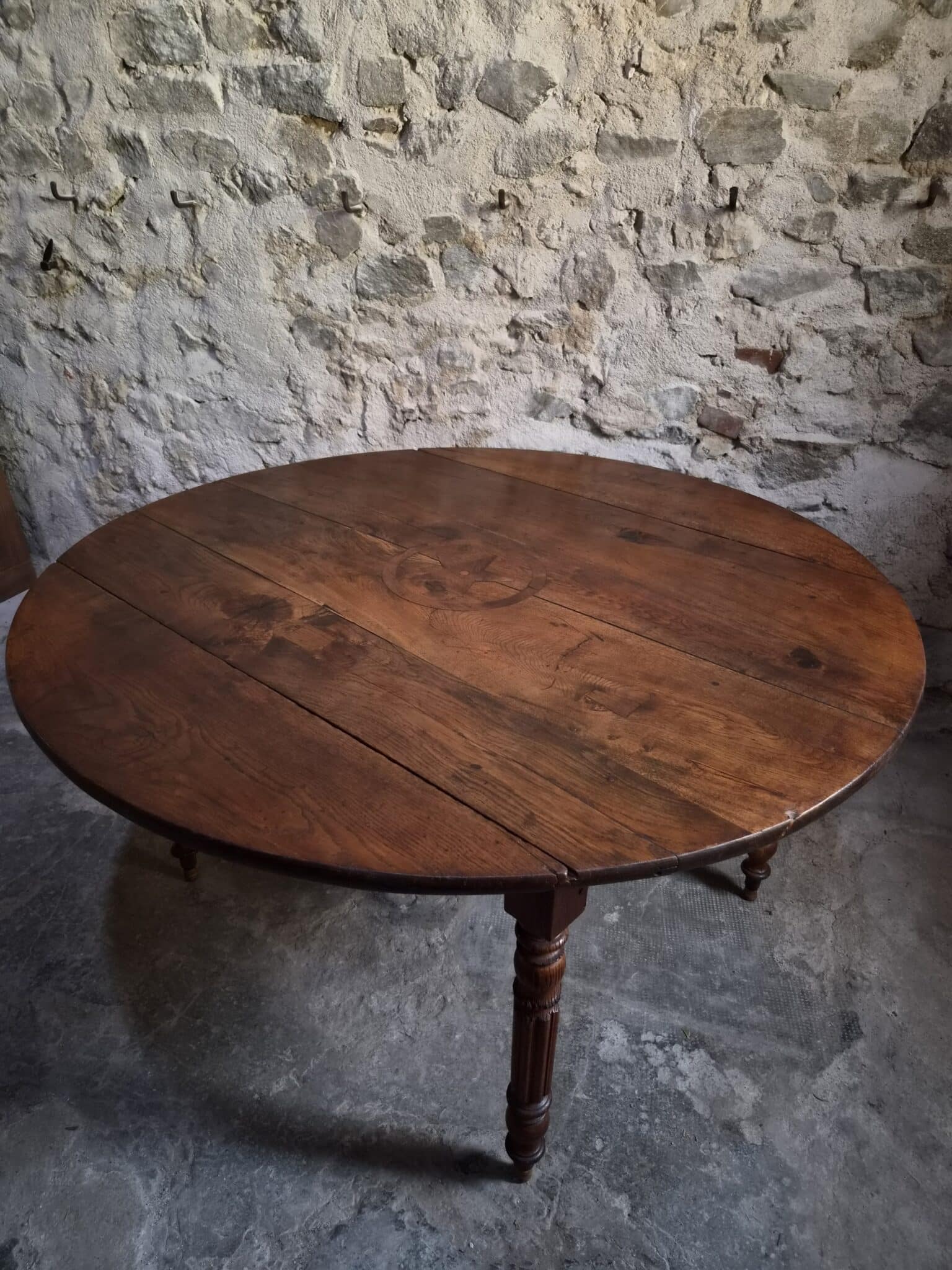 Antique French Round Oak Drop Leaf Dining Table Star Inlay c. 1850–1880 (2)