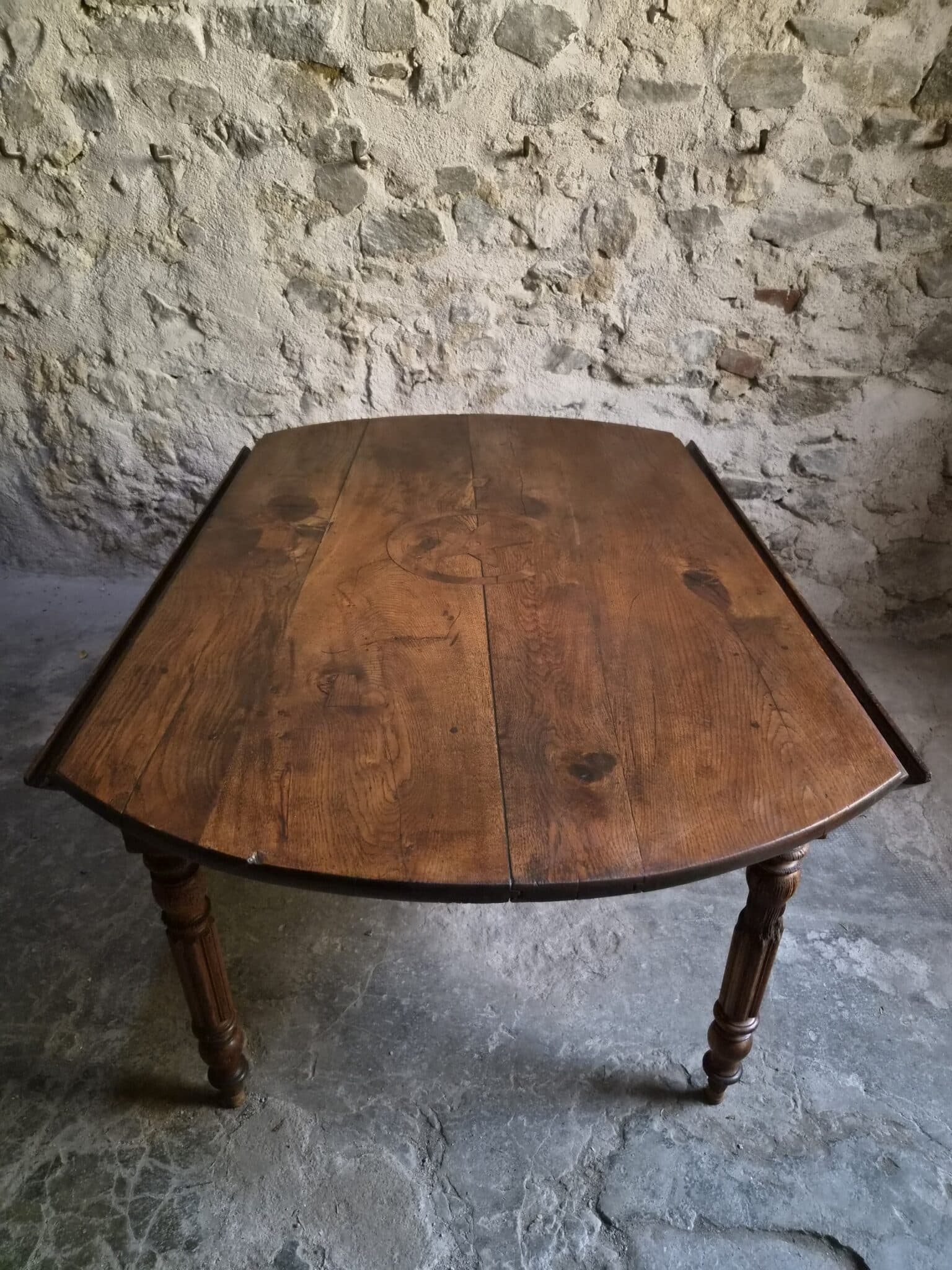 Antique French Round Oak Drop Leaf Dining Table Star Inlay c. 1850–1880 (20)