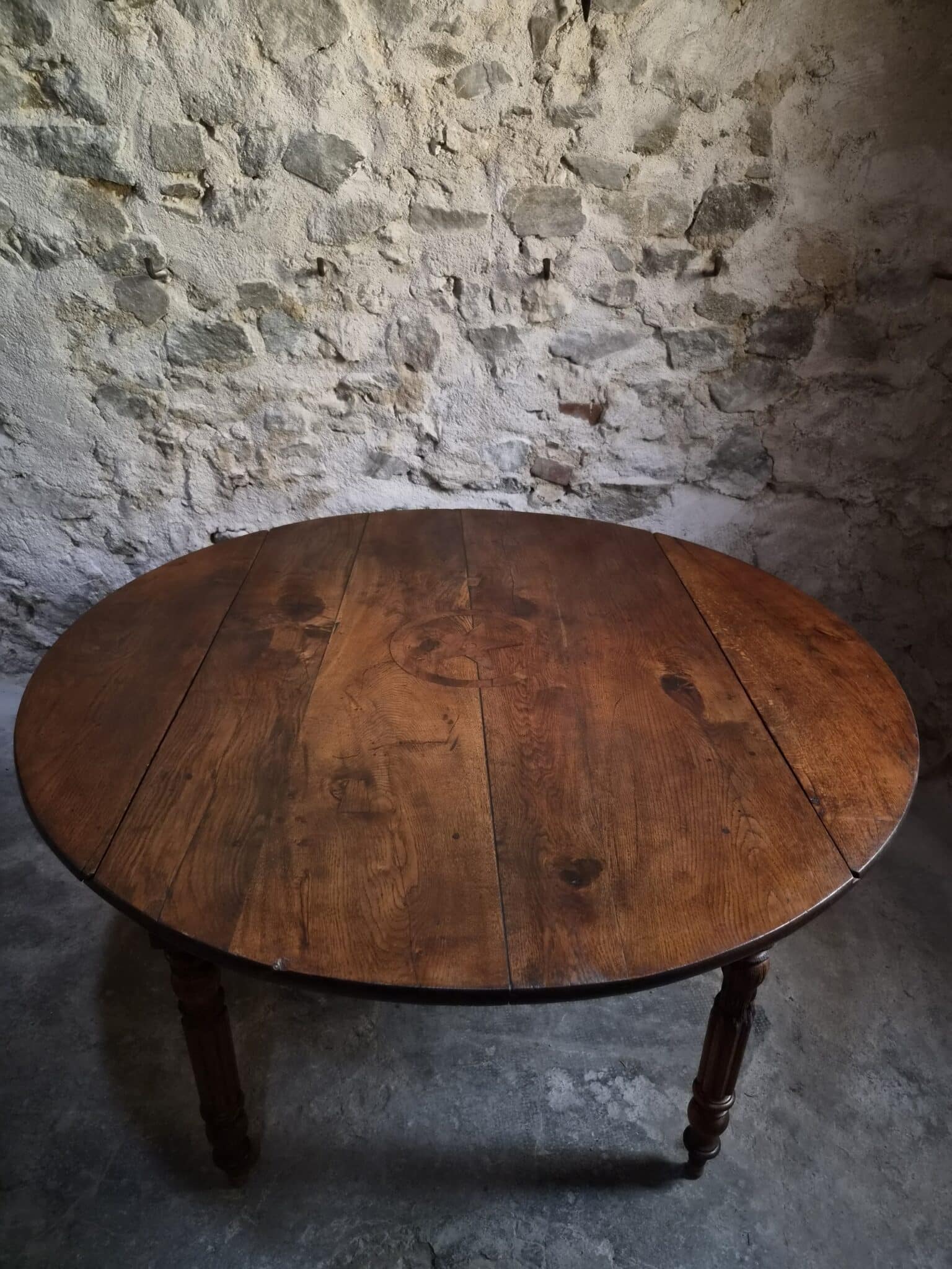 Antique French Round Oak Drop Leaf Dining Table Star Inlay c. 1850–1880 (3)