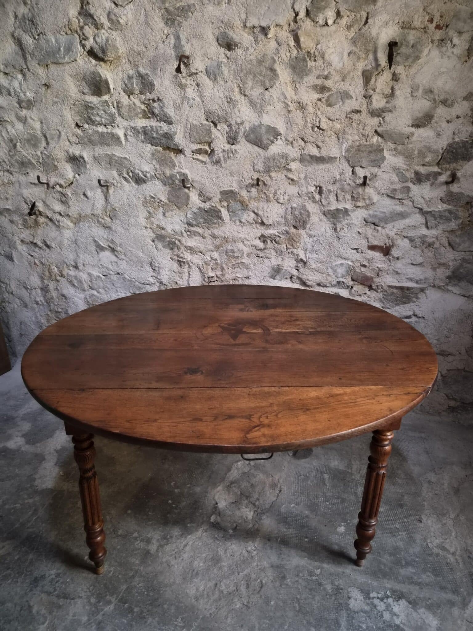 Antique French Round Oak Drop Leaf Dining Table Star Inlay c. 1850–1880 (5)