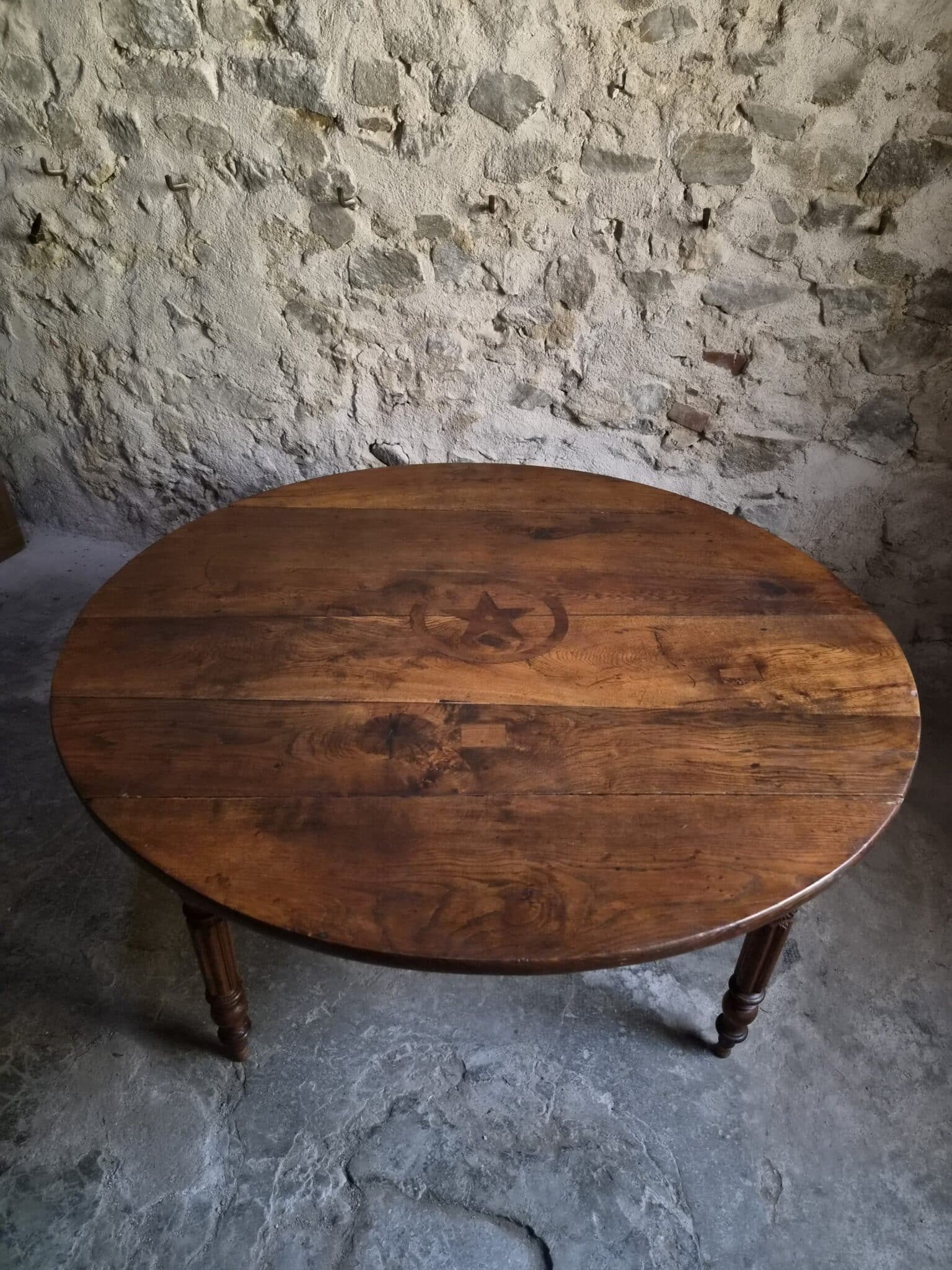 Antique French Round Oak Drop Leaf Dining Table Star Inlay c. 1850–1880 (9)