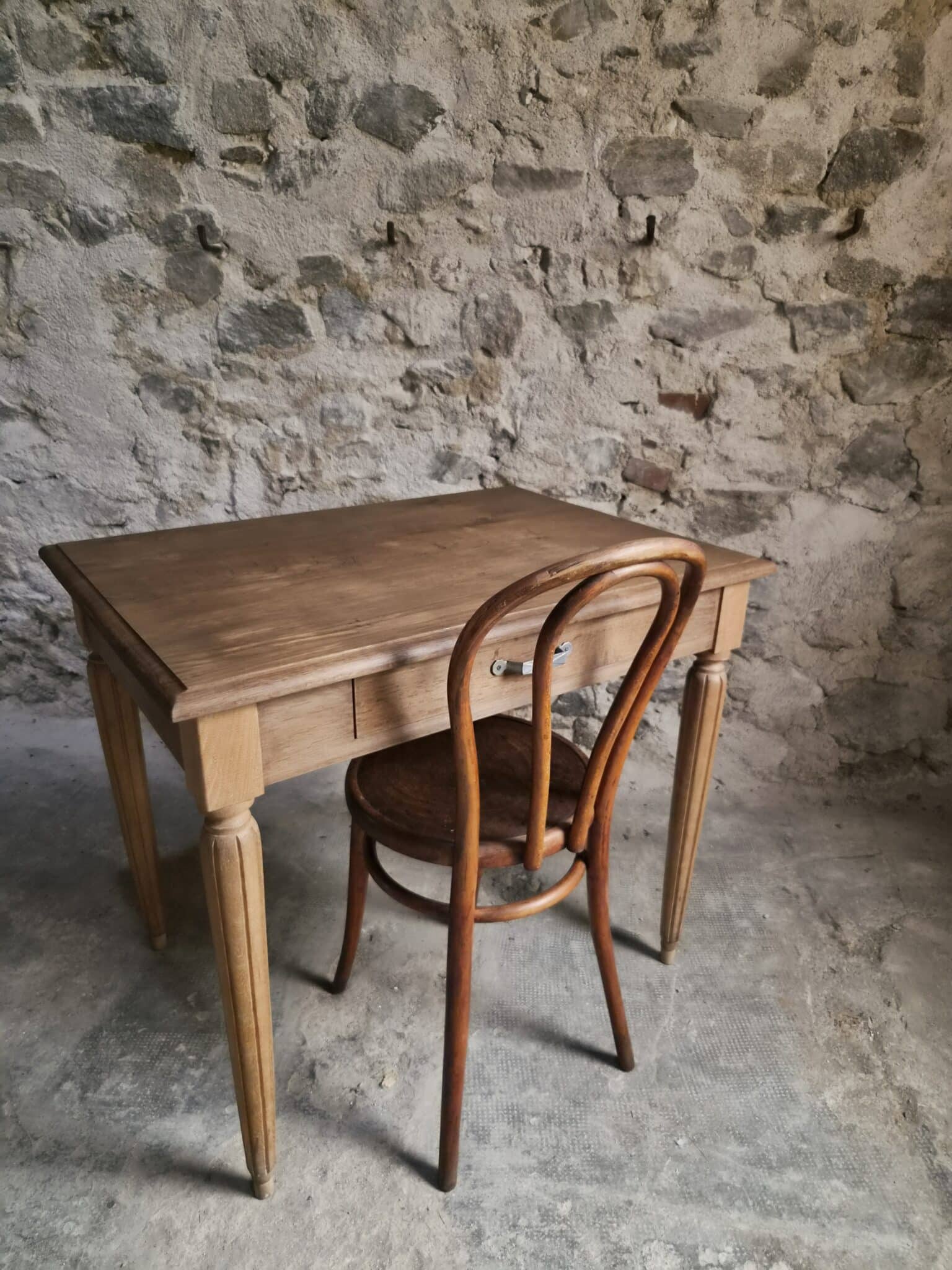 Vintage French Oak Writing Desk with Beech Bistro Chair, circa 1930 (19)