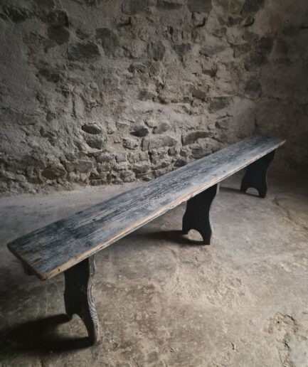Vintage French Pine Bench with Dark Blue-Grey Patina (1)