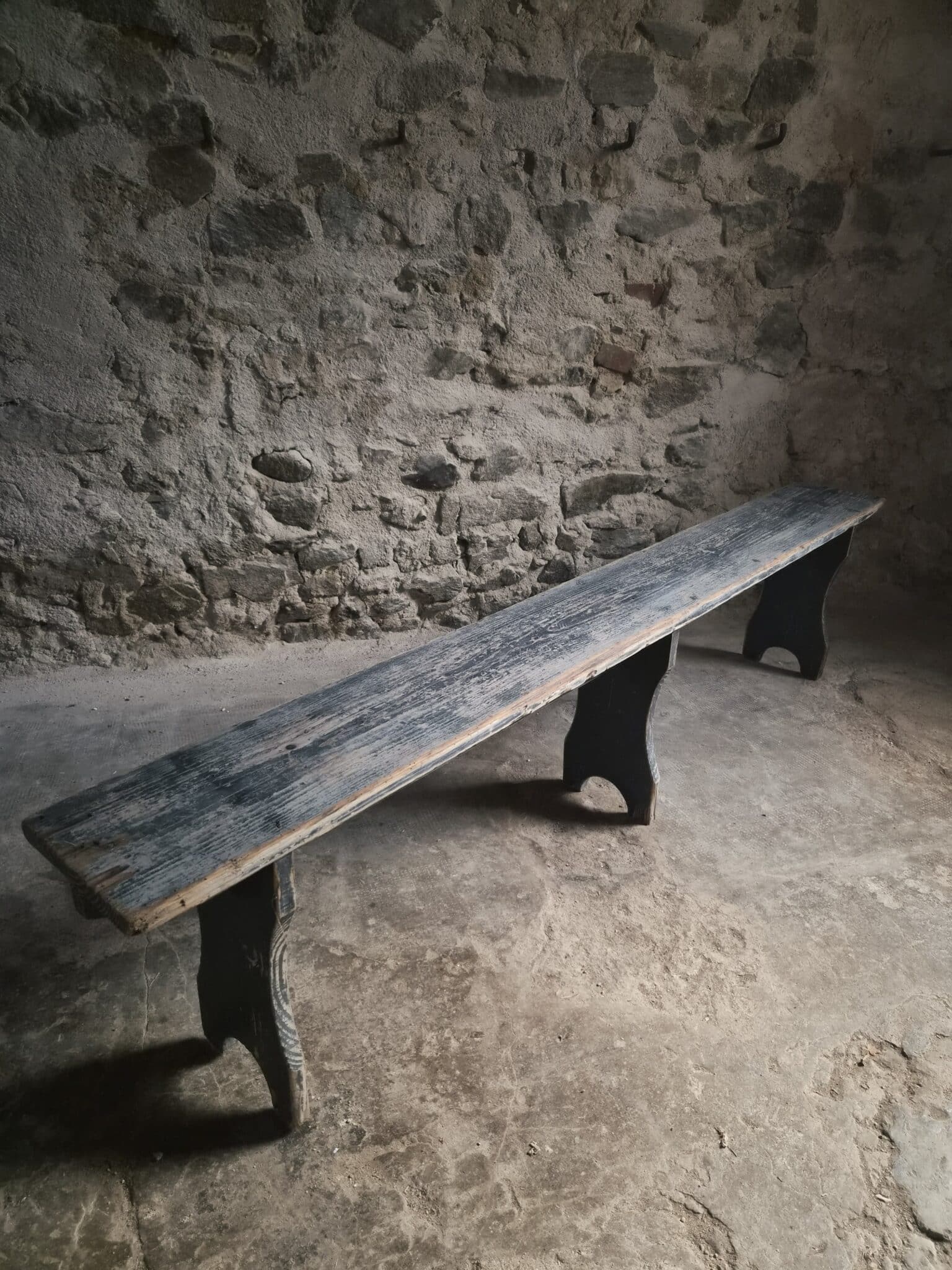 Vintage French Pine Bench with Dark Blue-Grey Patina (1) Vintage French Pine Bench with Dark Blue-Grey Patina (1)