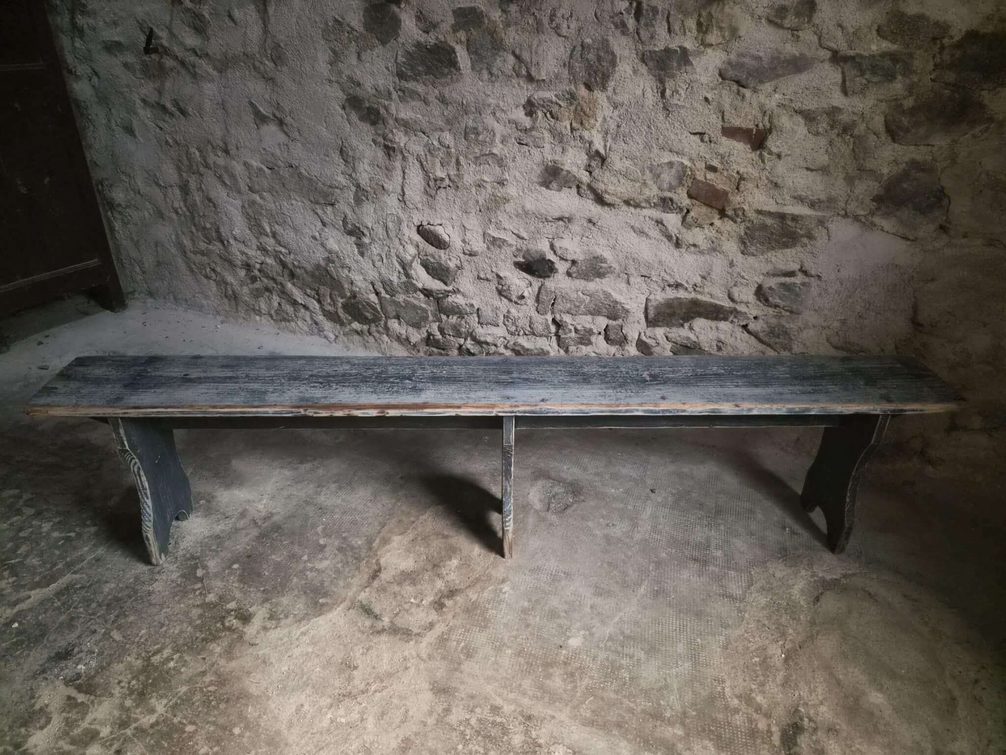 Vintage French Pine Bench with Dark Blue-Grey Patina (10)