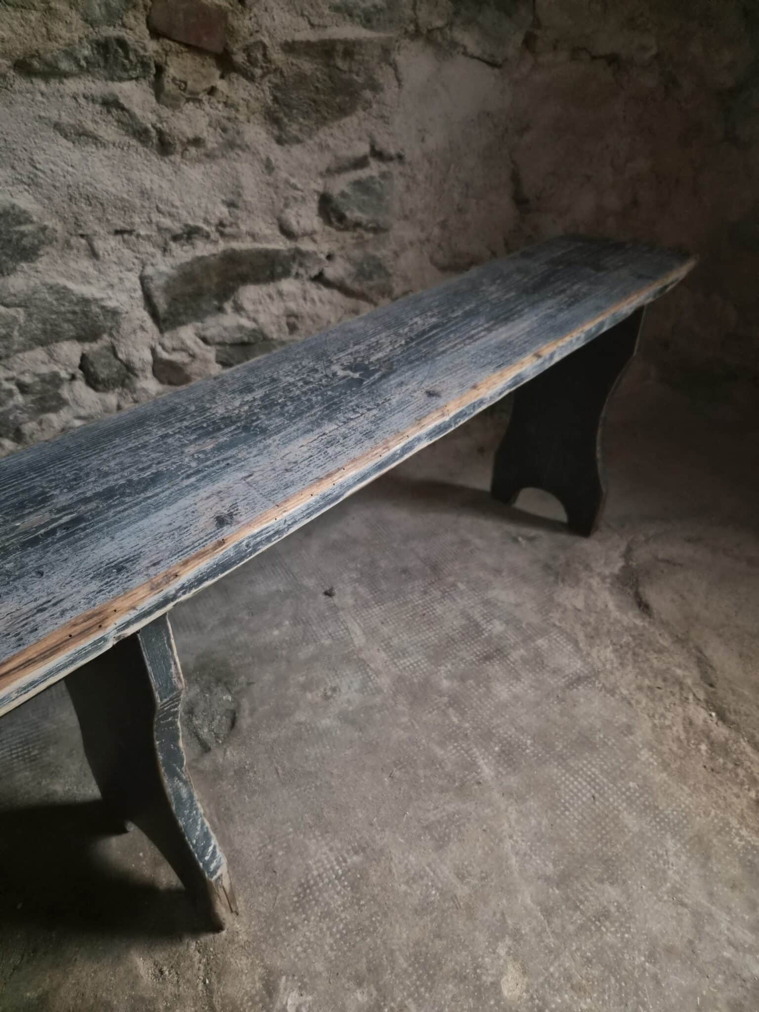 Vintage French Pine Bench with Dark Blue-Grey Patina (11)