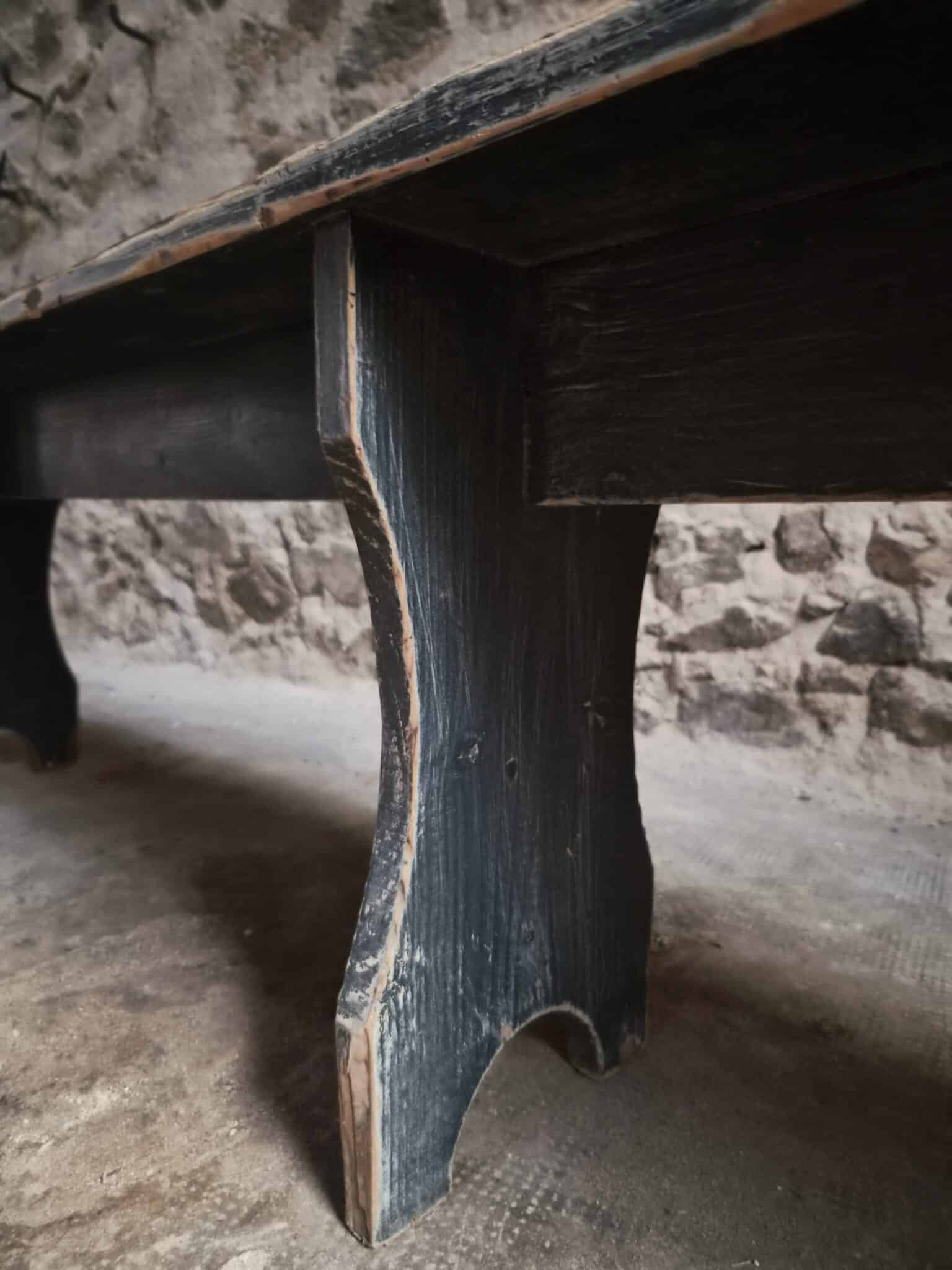 Vintage French Pine Bench with Dark Blue-Grey Patina (12)