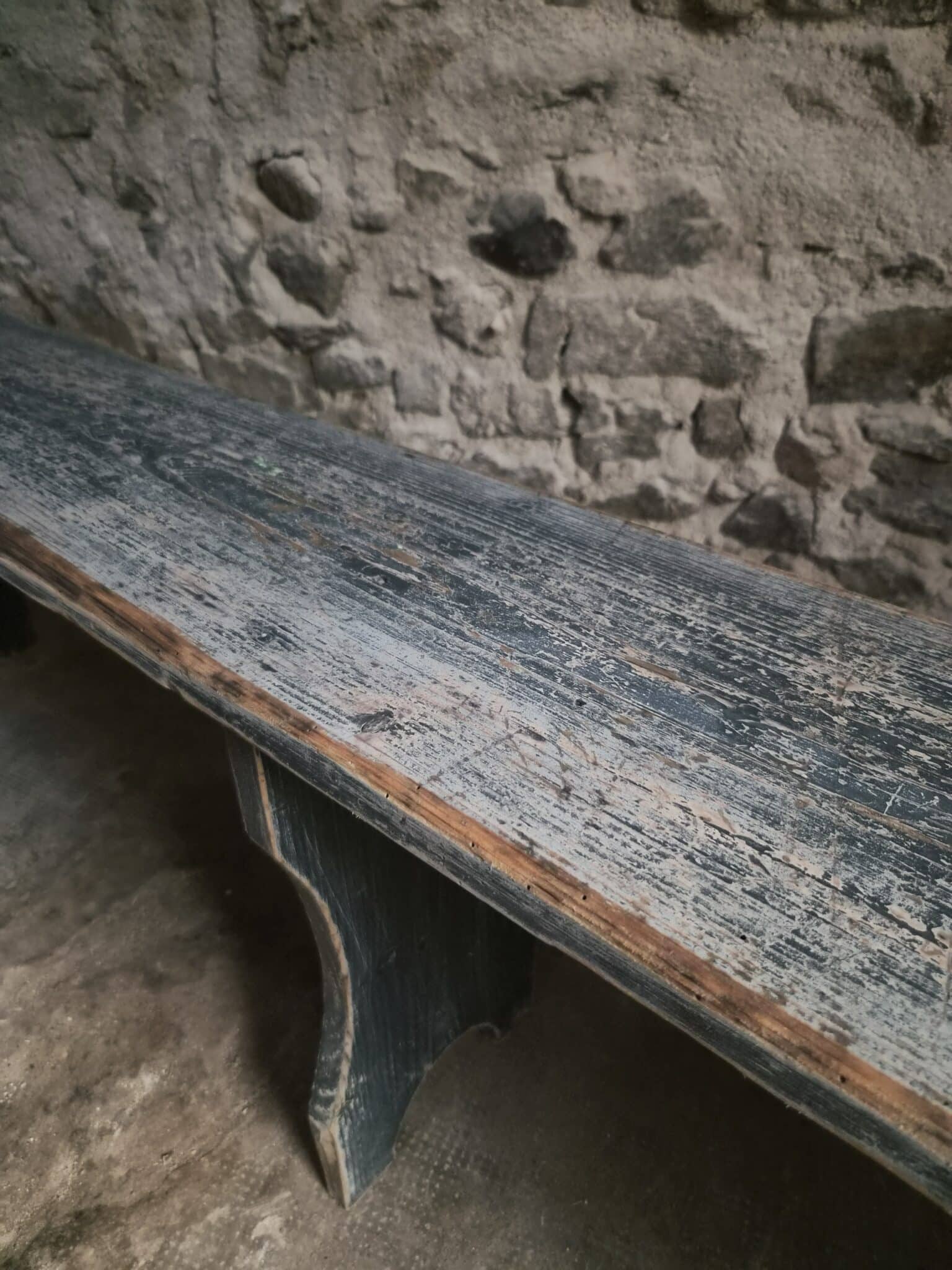 Vintage French Pine Bench with Dark Blue-Grey Patina (13)