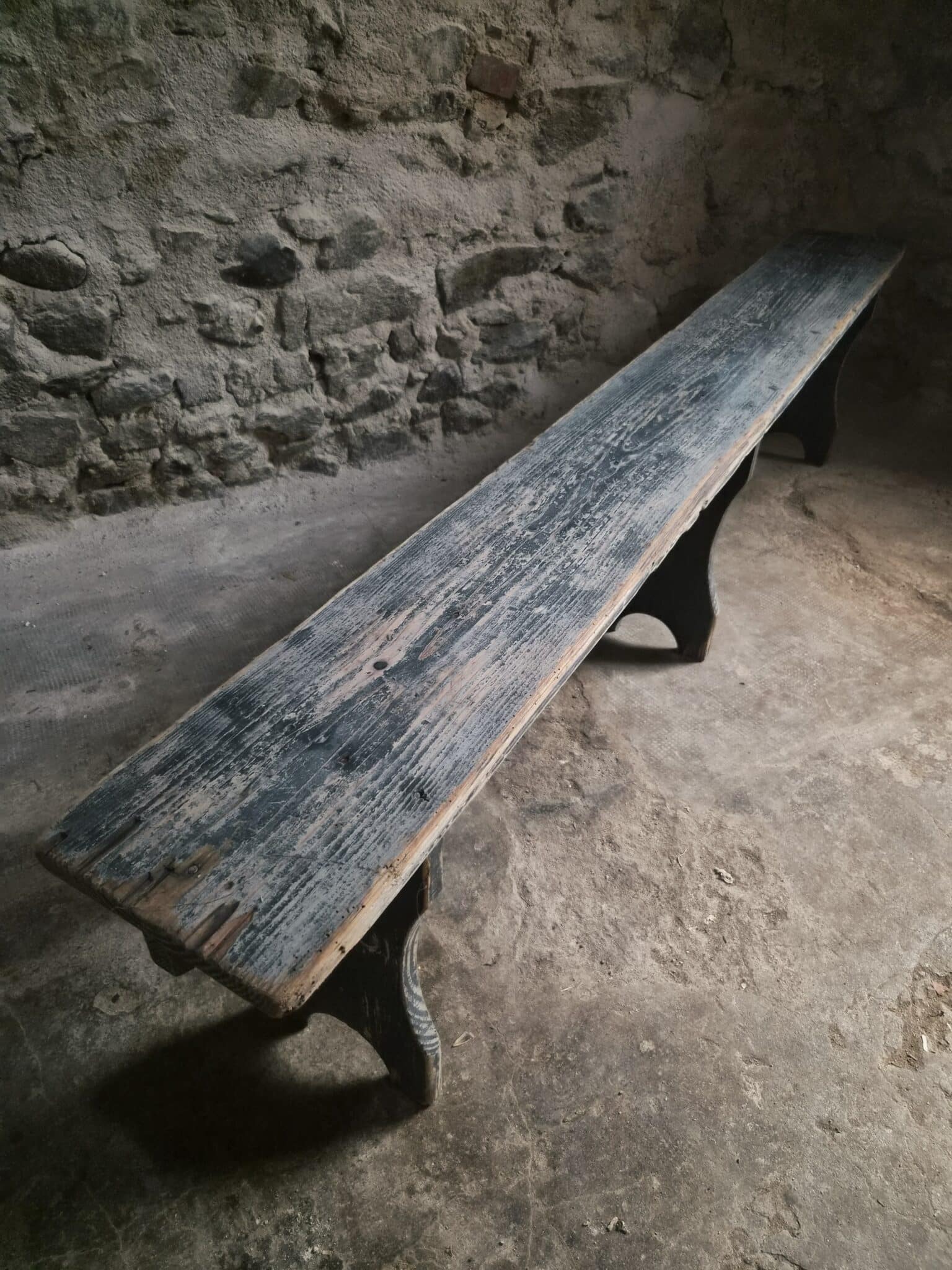 Vintage French Pine Bench with Dark Blue-Grey Patina (14)