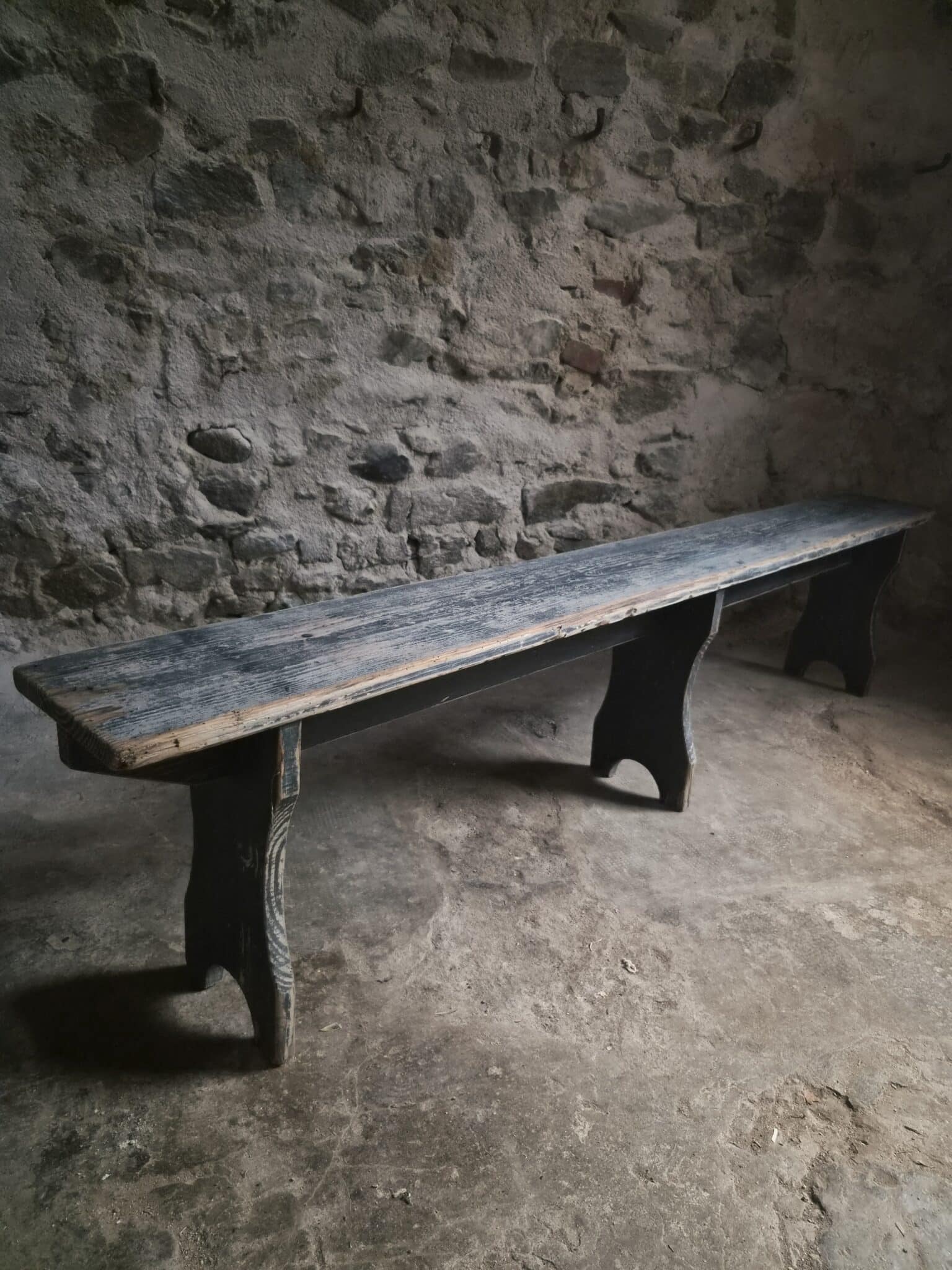 Vintage French Pine Bench with Dark Blue-Grey Patina (15)