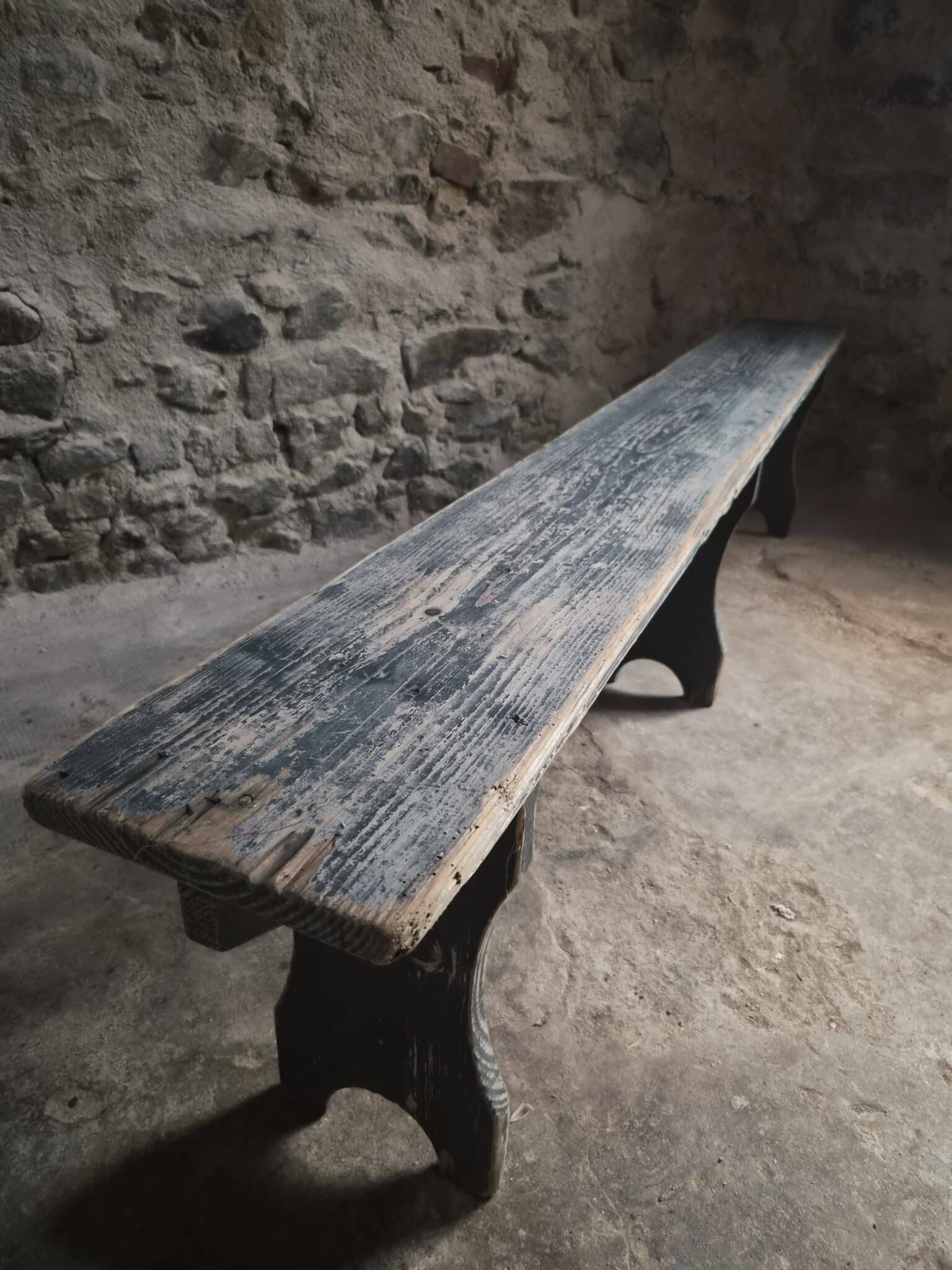 Vintage French Pine Bench with Dark Blue-Grey Patina (16)