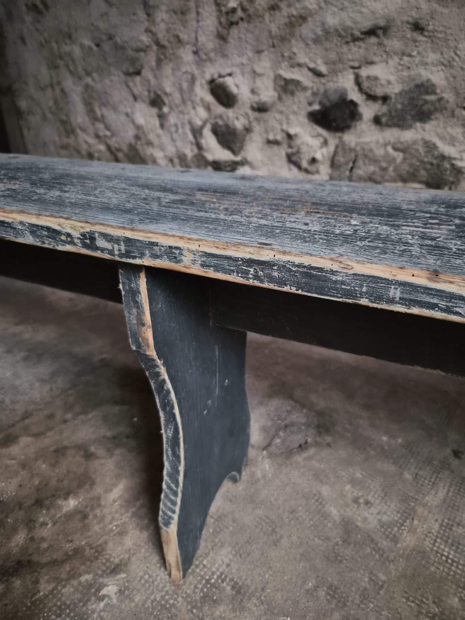 Vintage French Pine Bench with Dark Blue-Grey Patina (17)