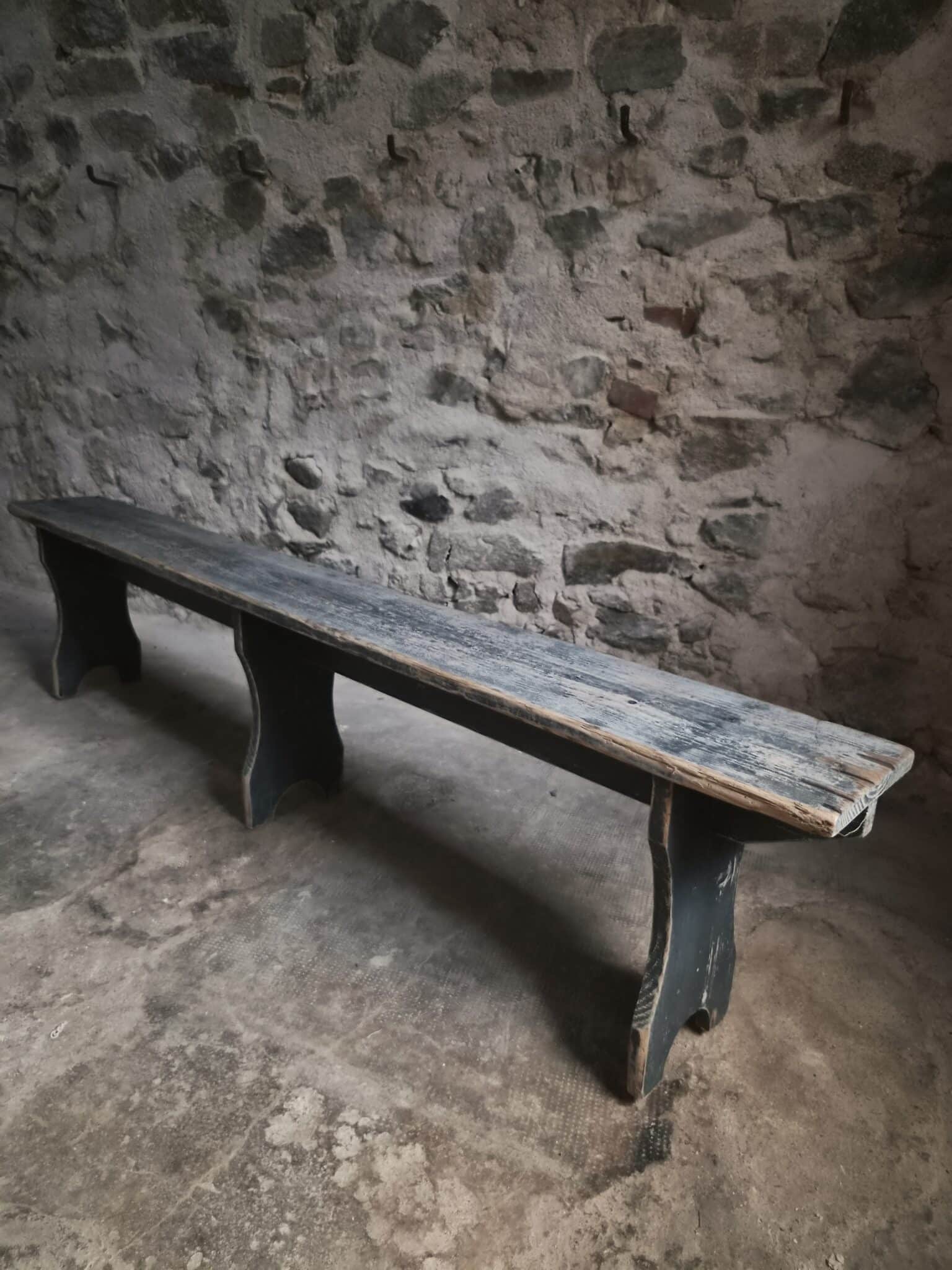 Vintage French Pine Bench with Dark Blue-Grey Patina (18)