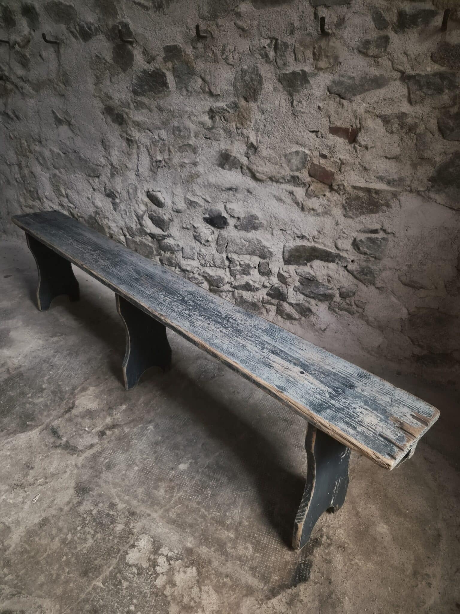 Vintage French Pine Bench with Dark Blue-Grey Patina (19)