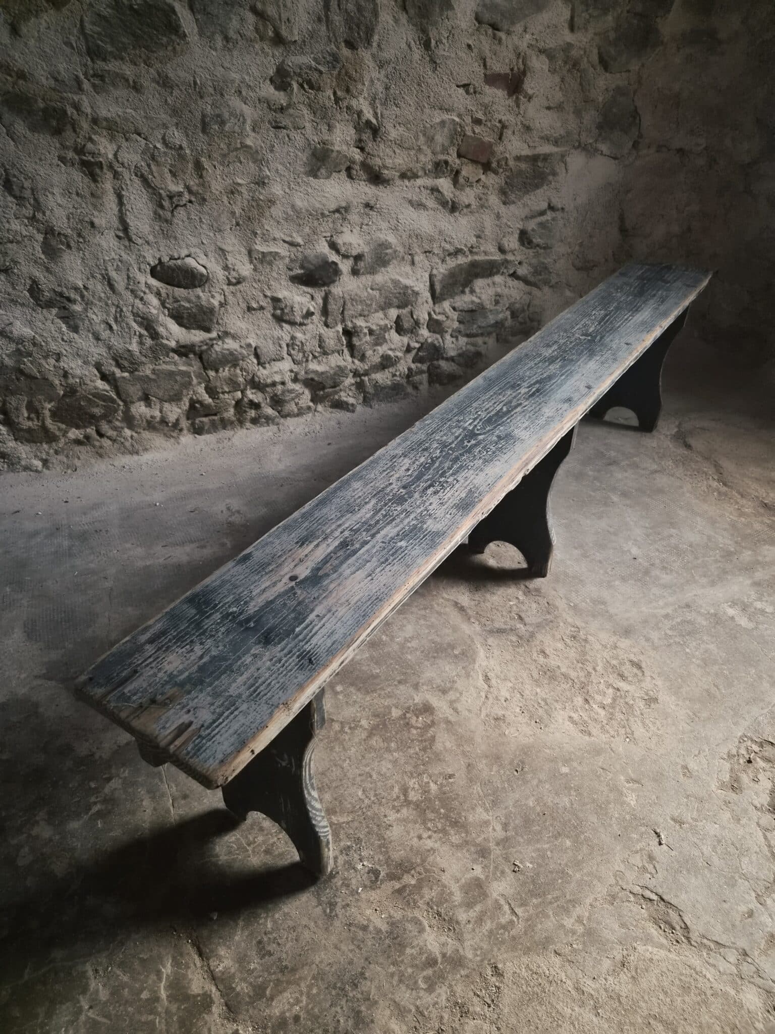 Vintage French Pine Bench with Dark Blue-Grey Patina (2)