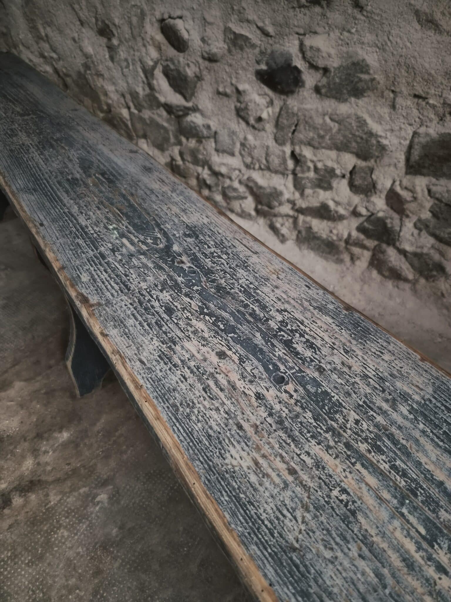 Vintage French Pine Bench with Dark Blue-Grey Patina (20)