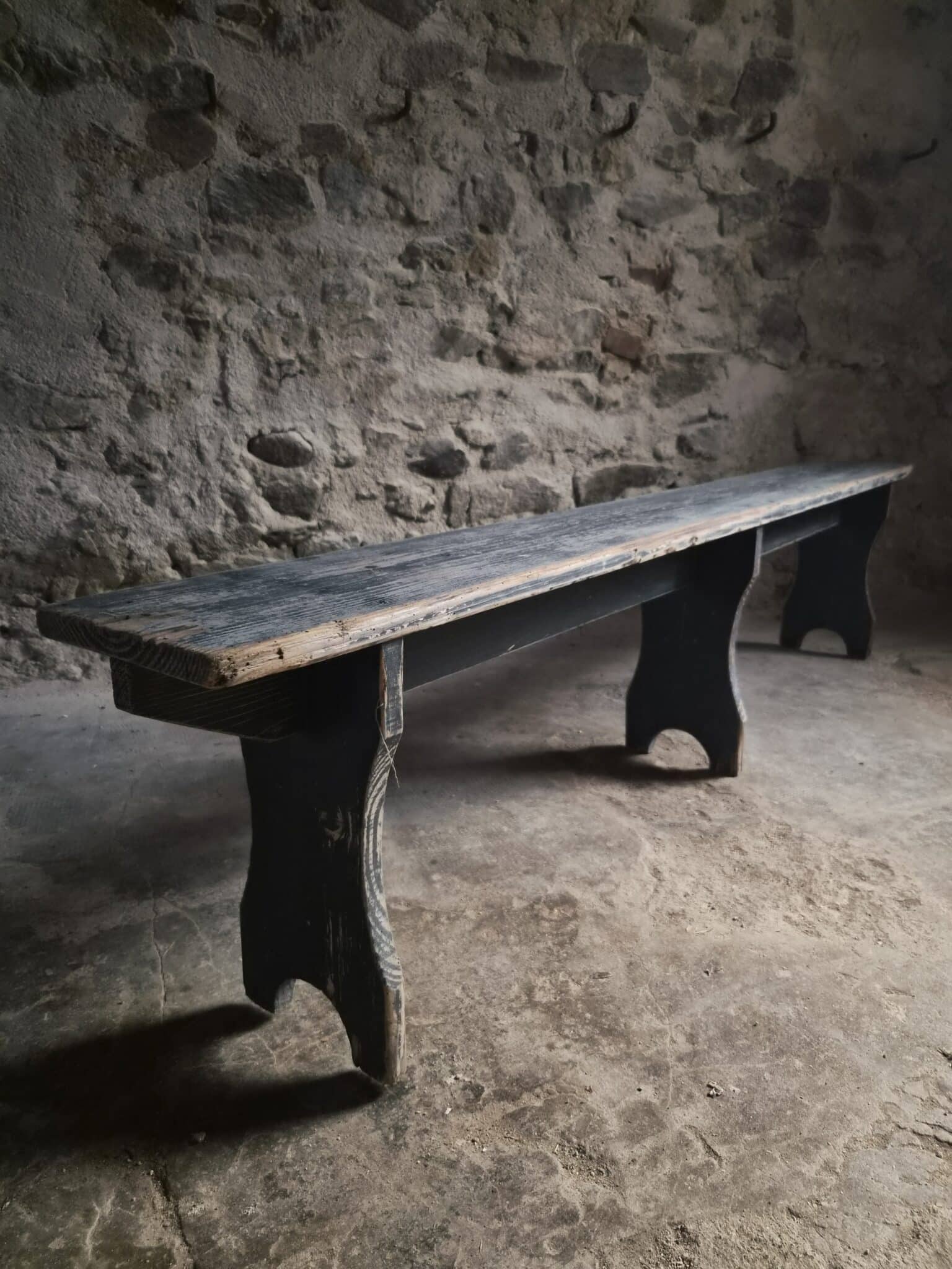 Vintage French Pine Bench with Dark Blue-Grey Patina (3)