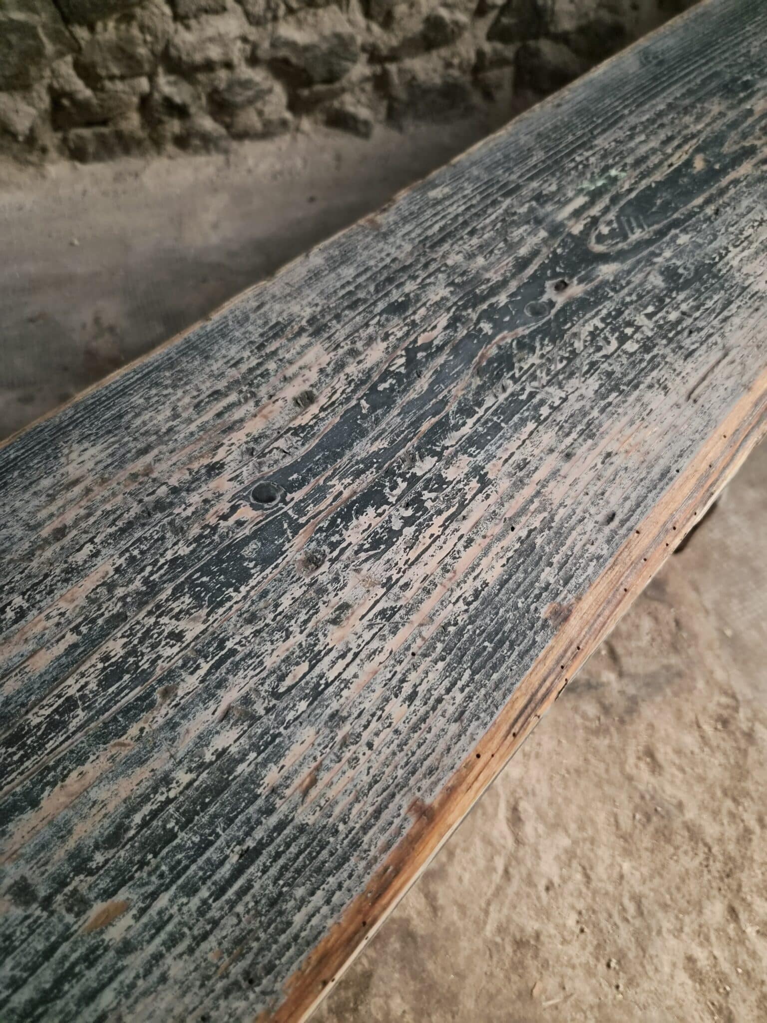 Vintage French Pine Bench with Dark Blue-Grey Patina (4)