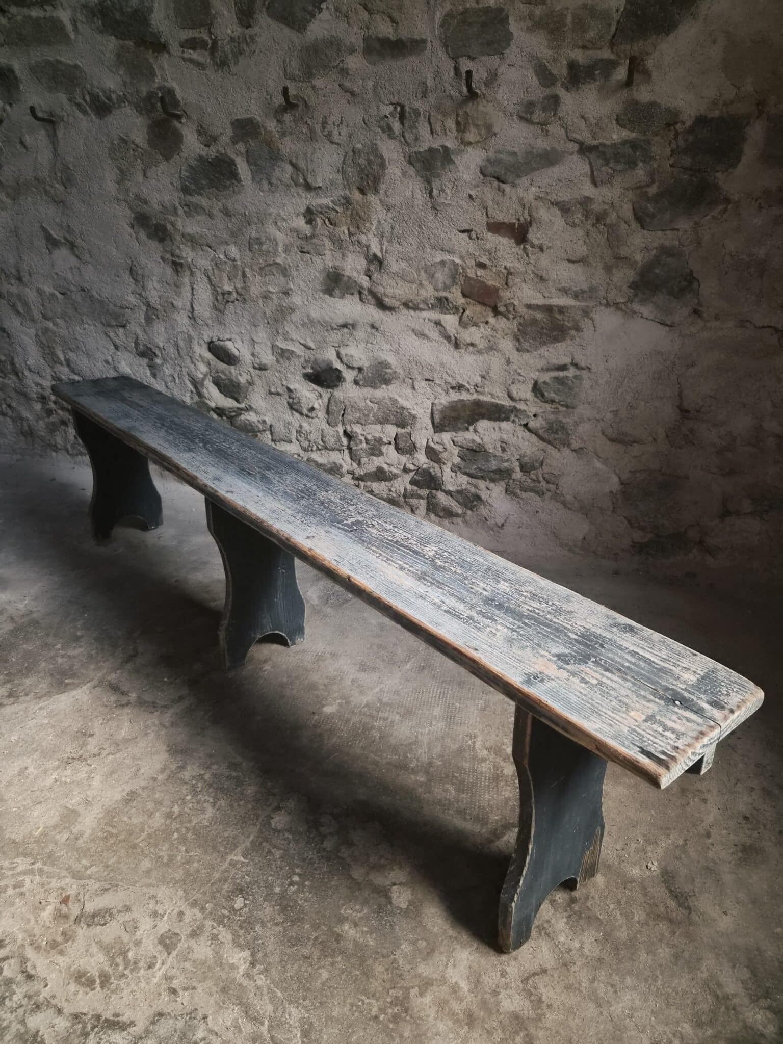 Vintage French Pine Bench with Dark Blue-Grey Patina (6)