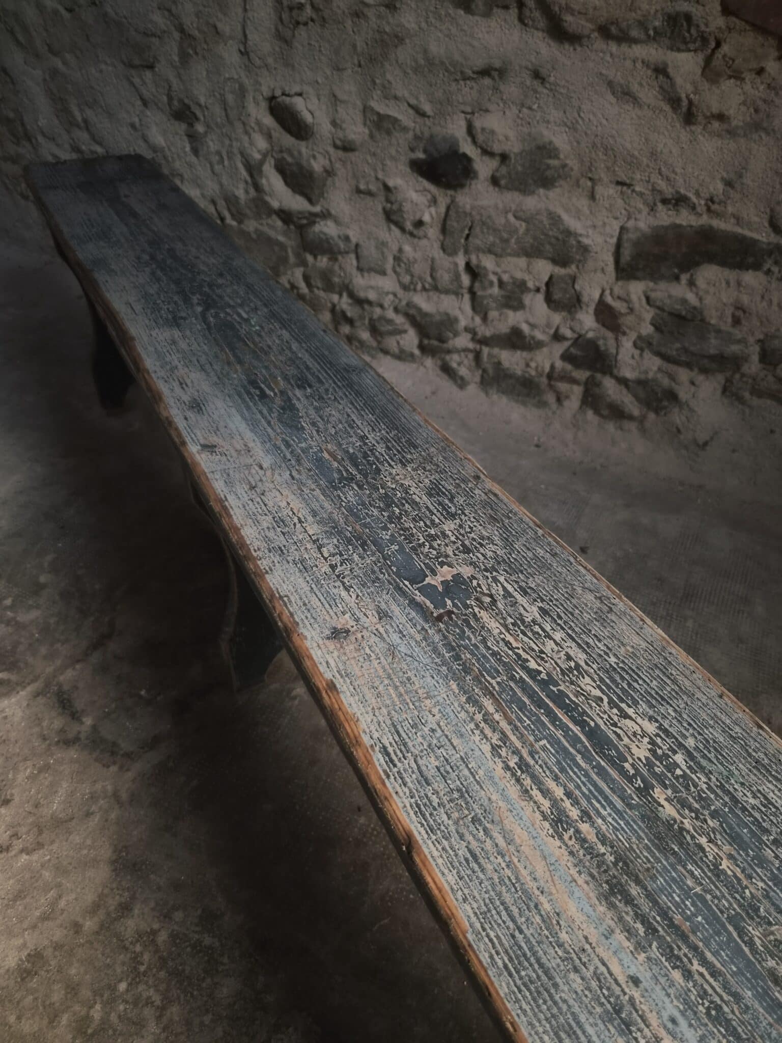 Vintage French Pine Bench with Dark Blue-Grey Patina (7)