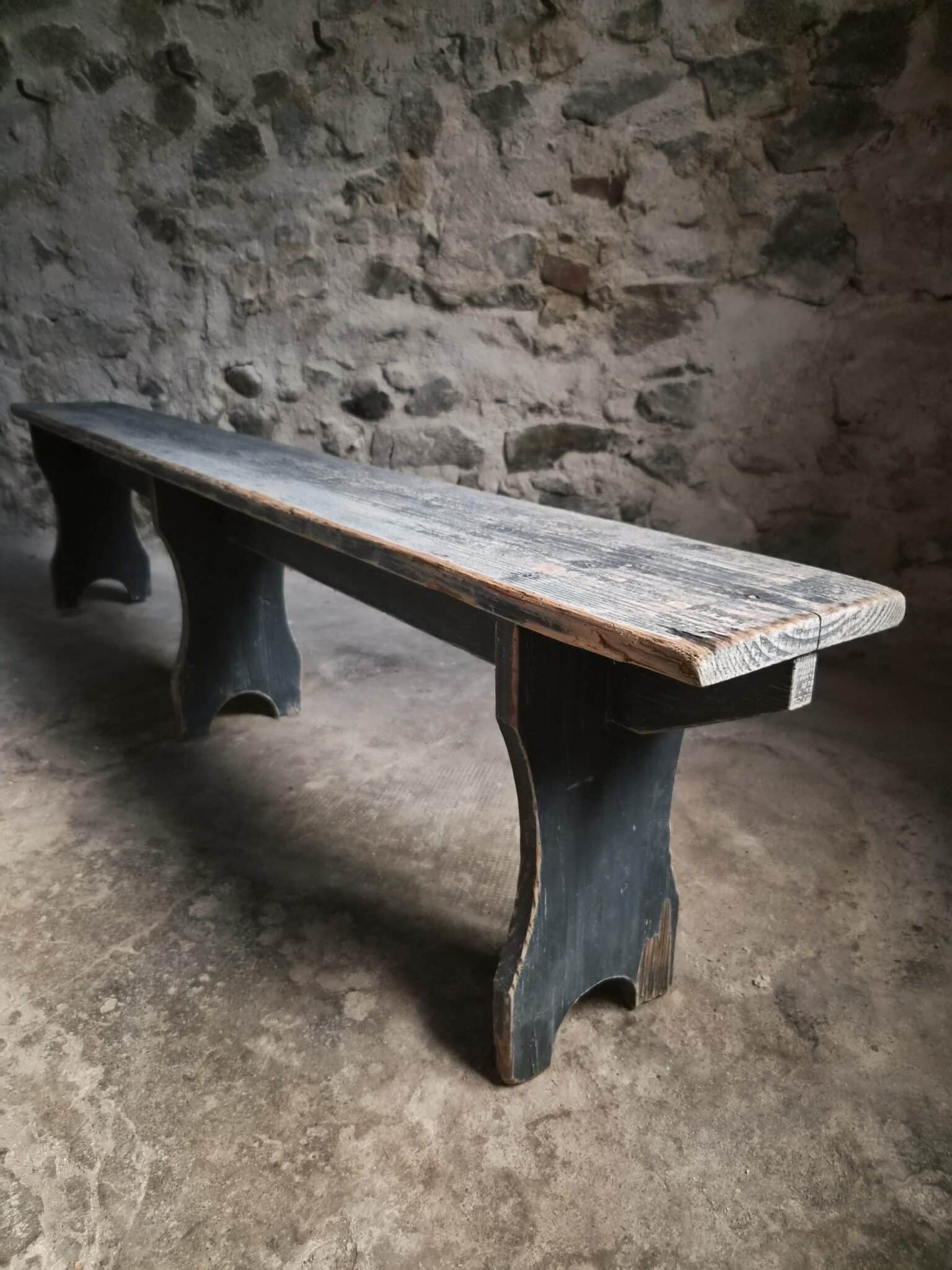 Vintage French Pine Bench with Dark Blue-Grey Patina (8)
